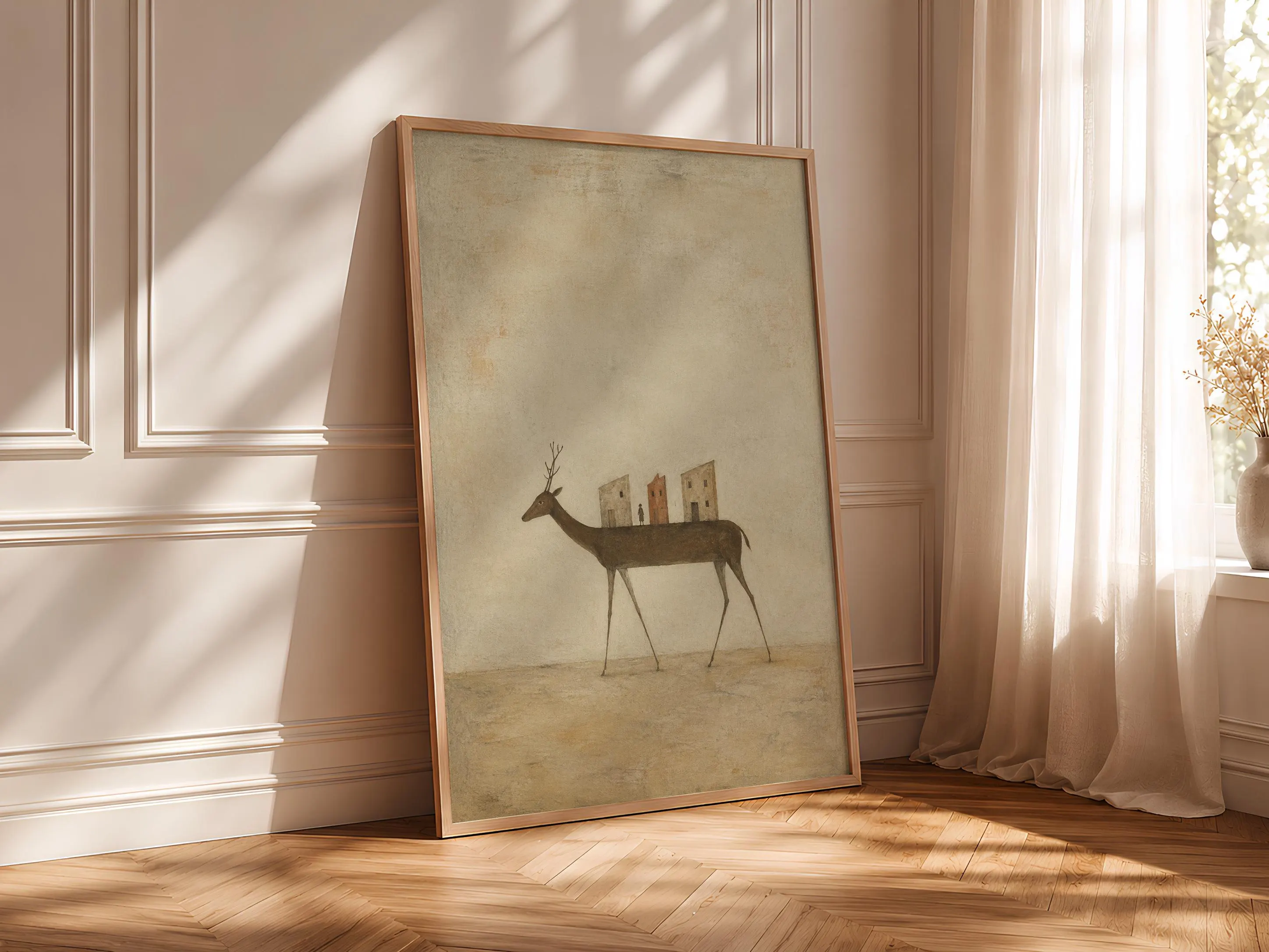 Deer Village Wall Art, Surreal Folk Animal Print, Desert Earth Tones – Calm Wall Art by Artsify thumbnail 4