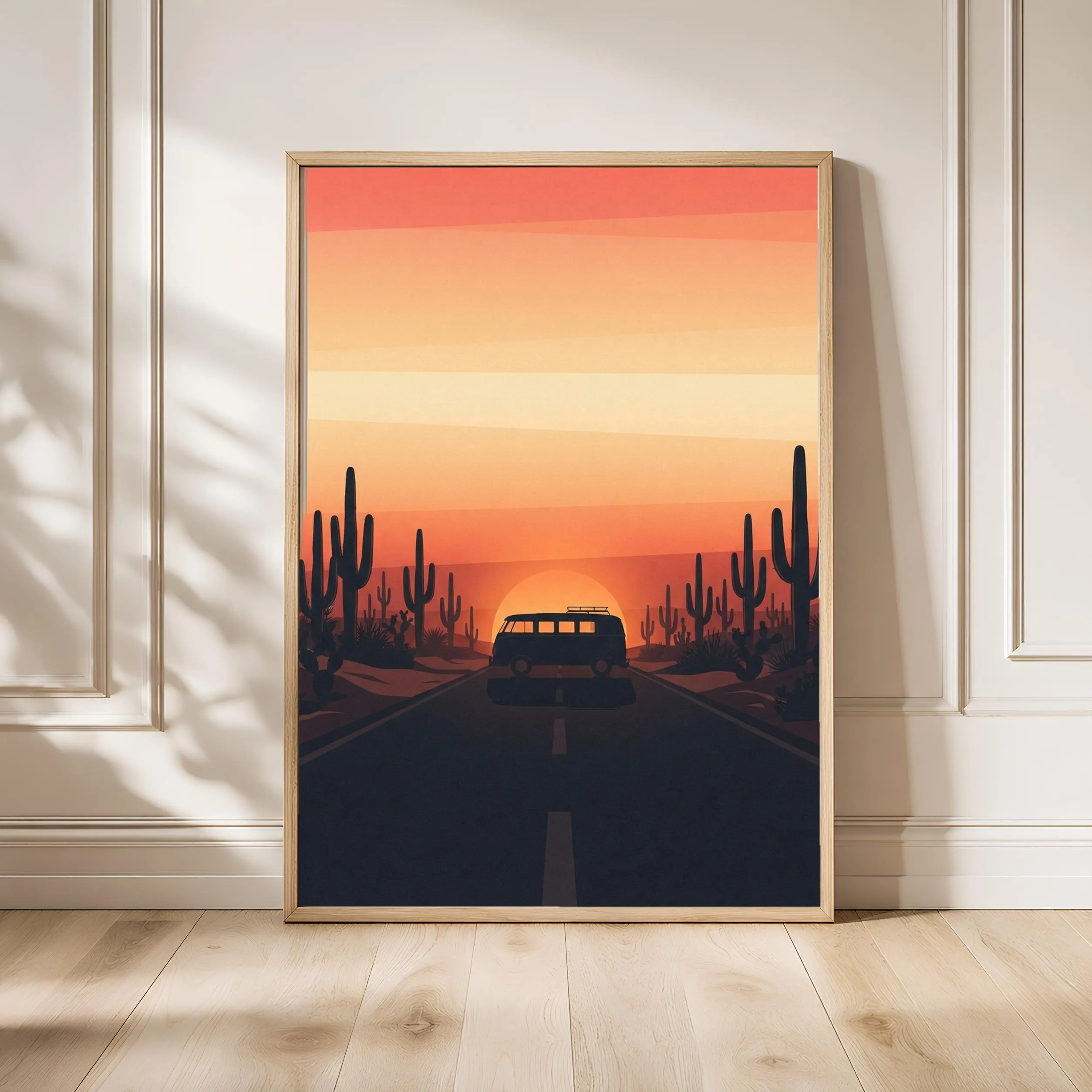 Retro Camper Van Print, Desert Road Trip Poster, Coral Wall Art, Vanlife Decor, Housewarming Gift – Calm Wall Art by Artsify