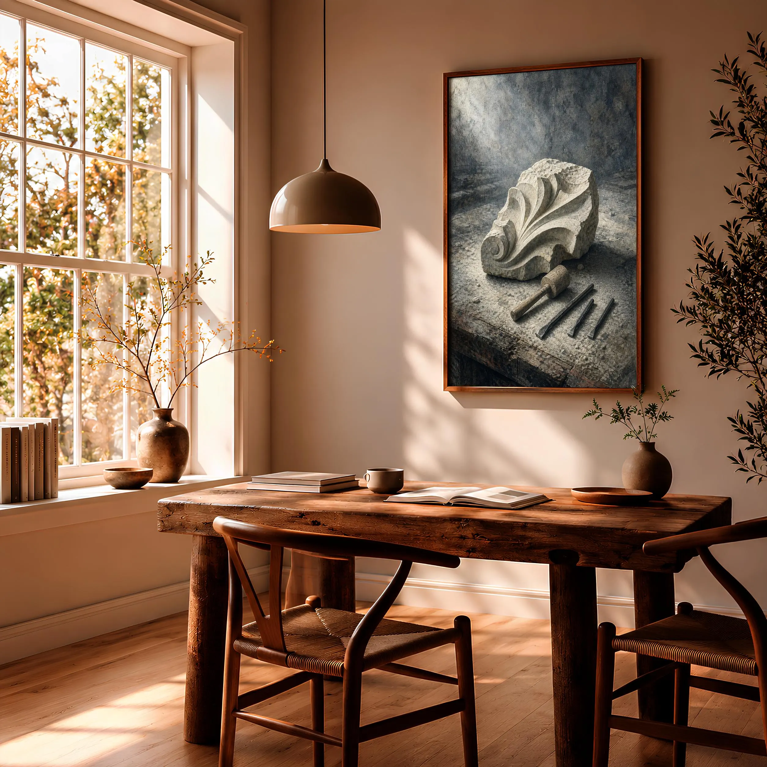 Stone Carver Wall Art, Rustic Sculptor Still Life Painting, Misty Workshop Print – Calm Wall Art by Artsify thumbnail 2