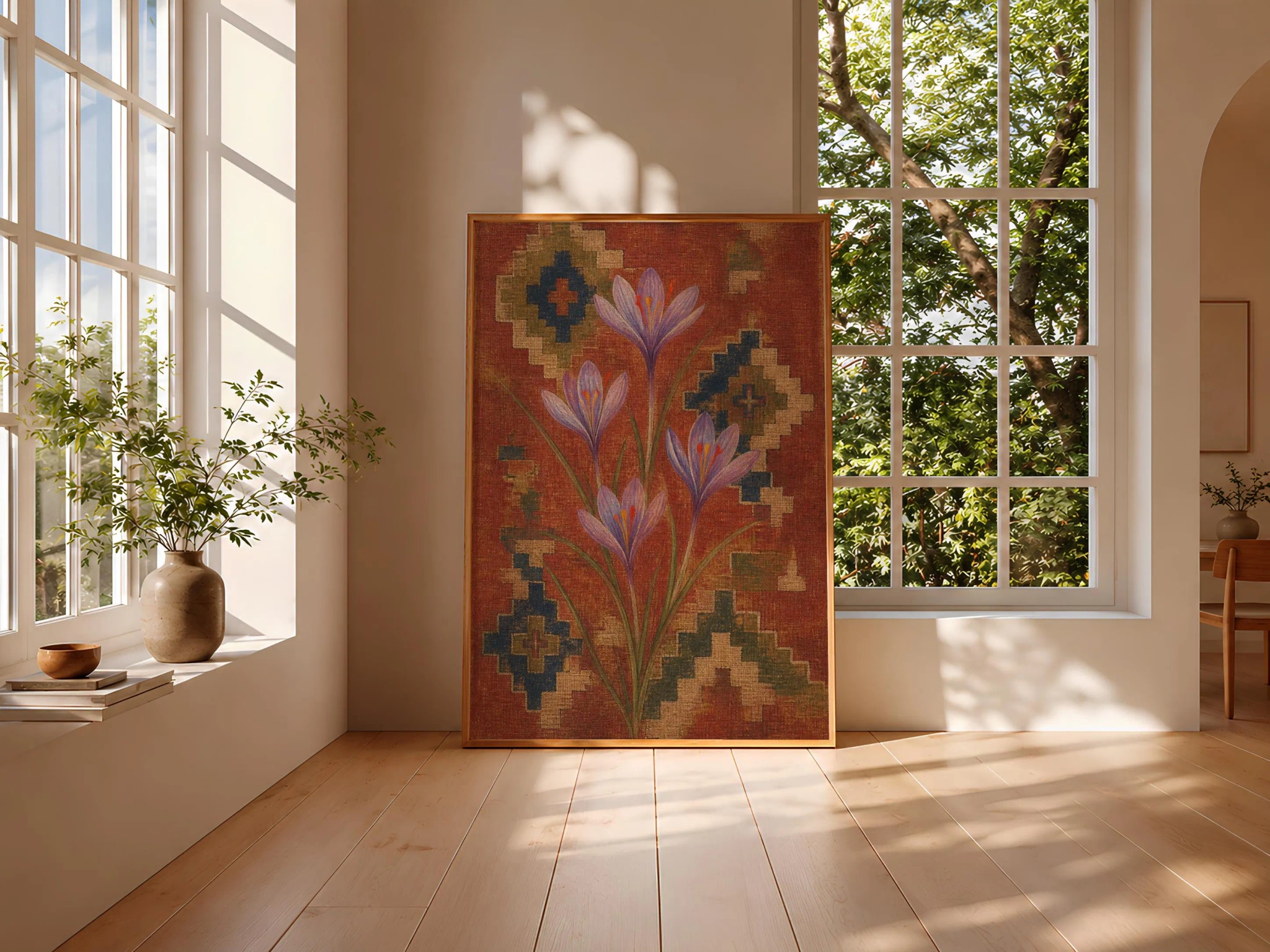 Saffron Crocus Kilim Print, Terracotta Botanical Wall Art, Woven Pattern Poster, Housewarming Gift – Calm Wall Art by Artsify thumbnail 3