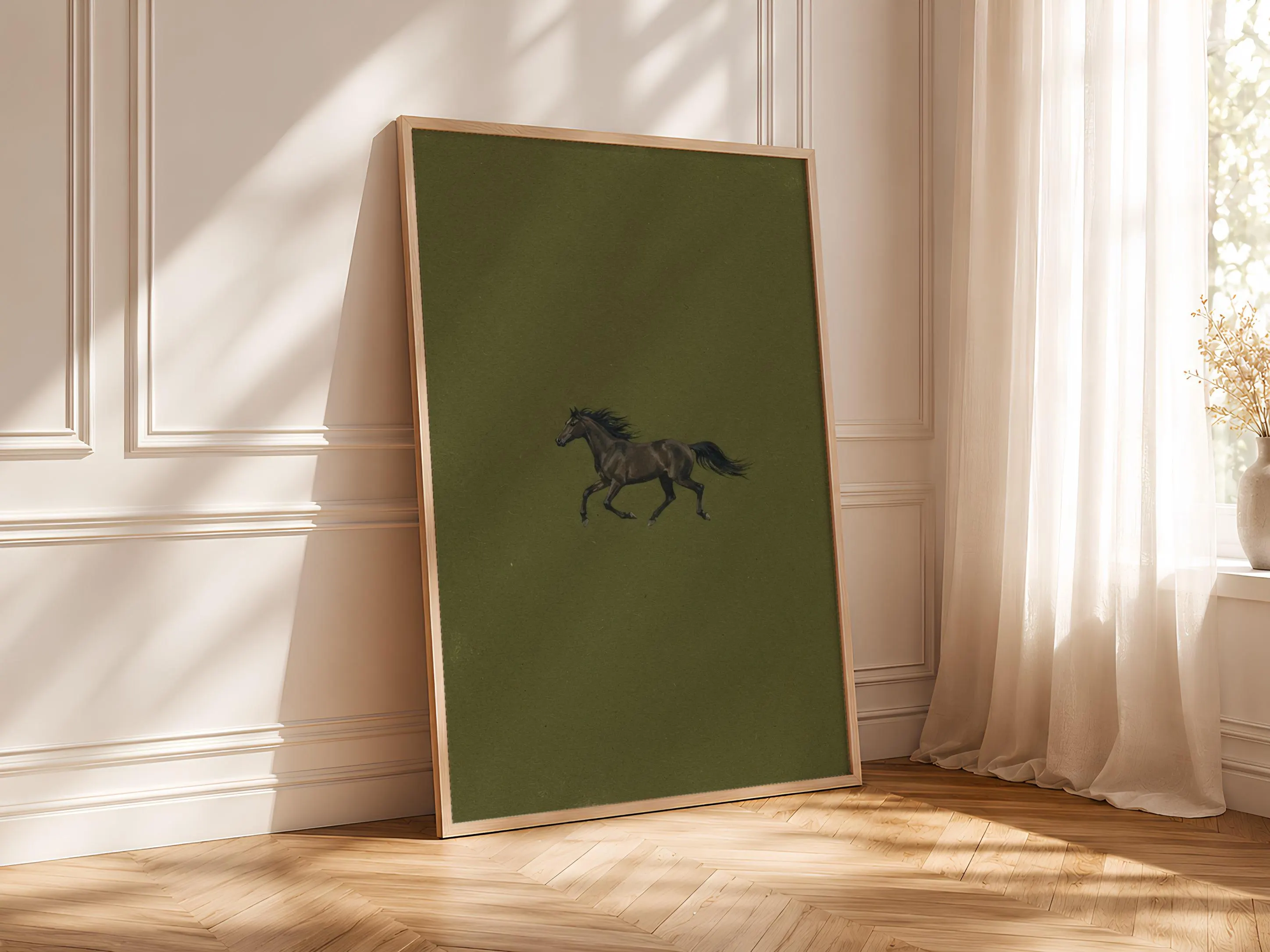 Horse Wall Art, Olive Green Minimalist Wildlife Painting, Vintage Equestrian Print, Housewarming Gift – Calm Wall Art by Artsify thumbnail 4