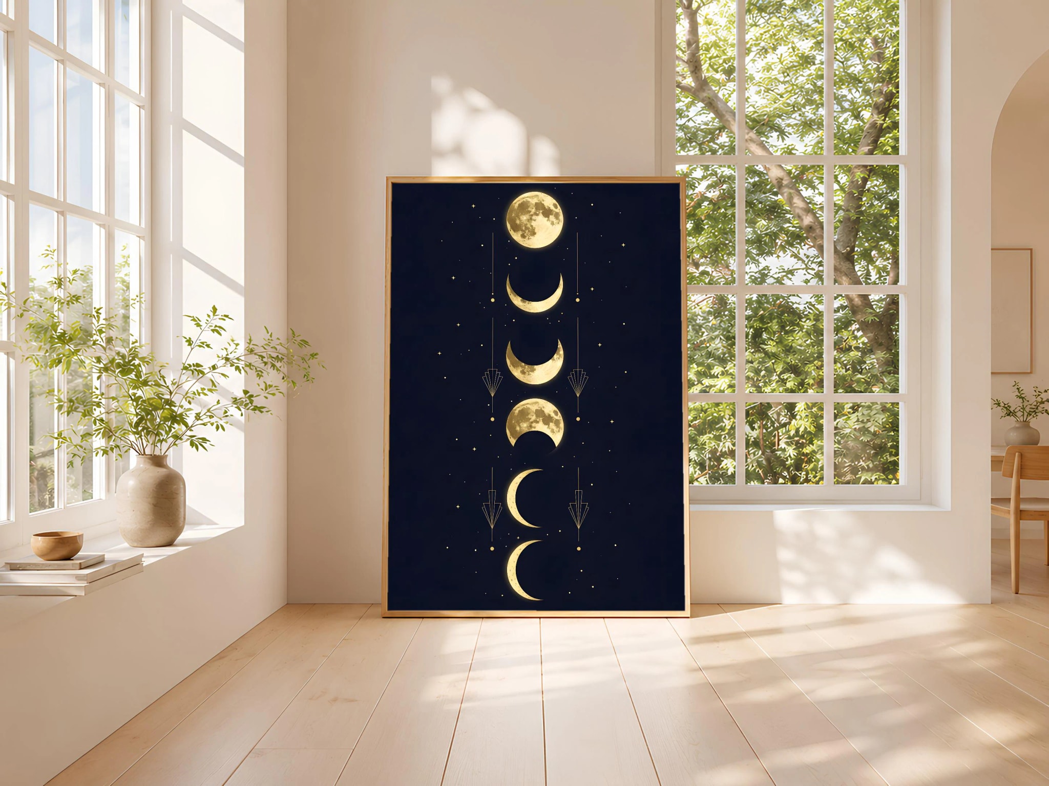 Moon Phases Wall Art Print, Celestial Navy Gold Poster, Boho Bedroom Decor, Unframed – Calm Wall Art by Artsify thumbnail 3