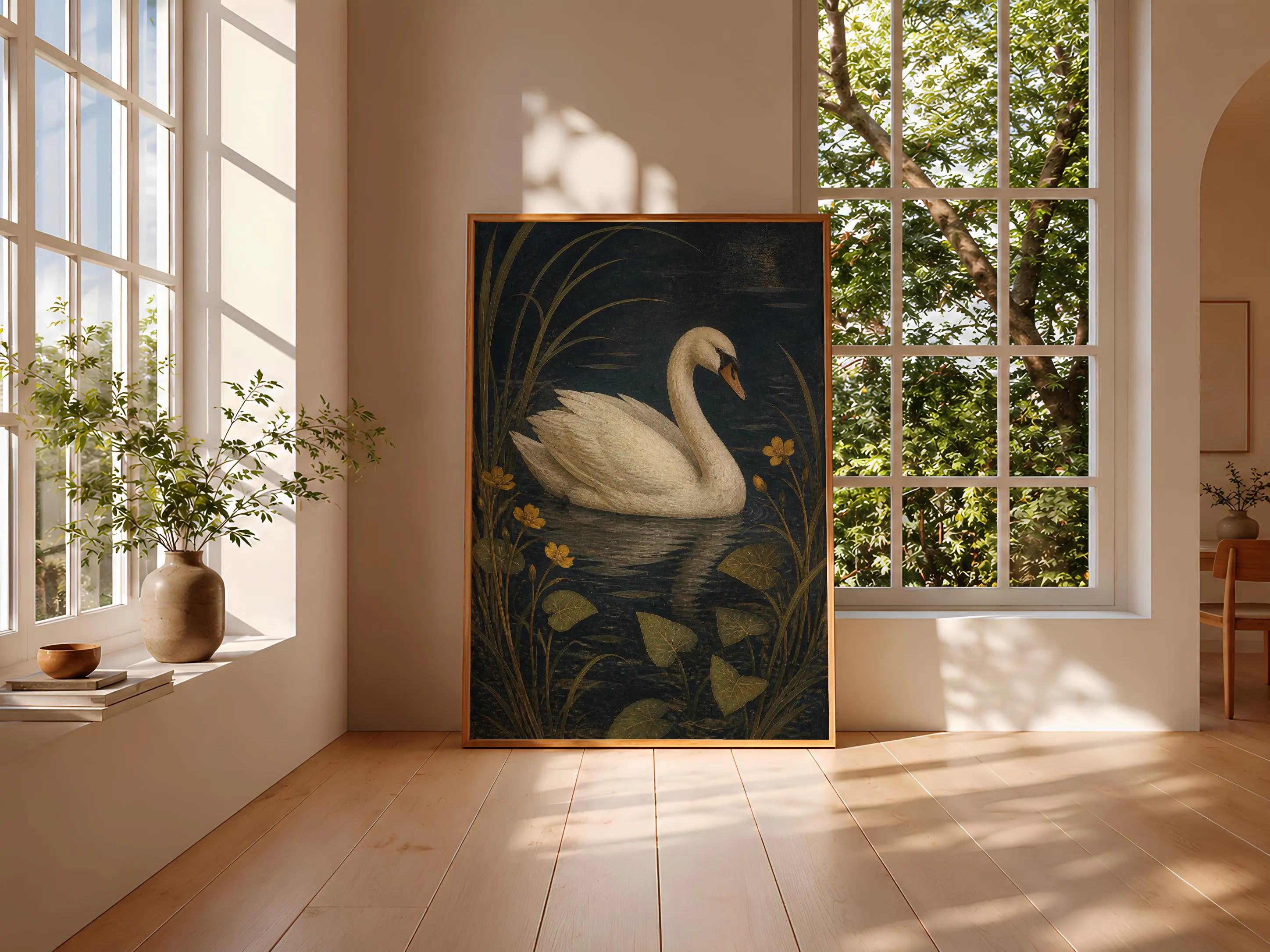 Swan Wall Art, Arts and Crafts Bird Painting, Dark Marsh Botanical Decor – Calm Wall Art by Artsify thumbnail 3