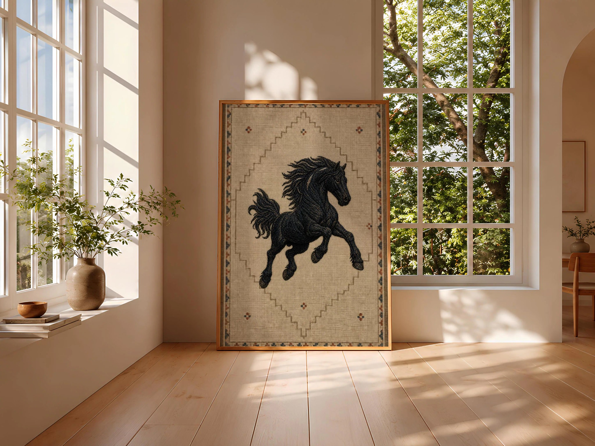 Embroidered Black Horse Print, Minimalist Kilim Wall Art, Tan Boho Poster, Housewarming Gift – Calm Wall Art by Artsify thumbnail 3