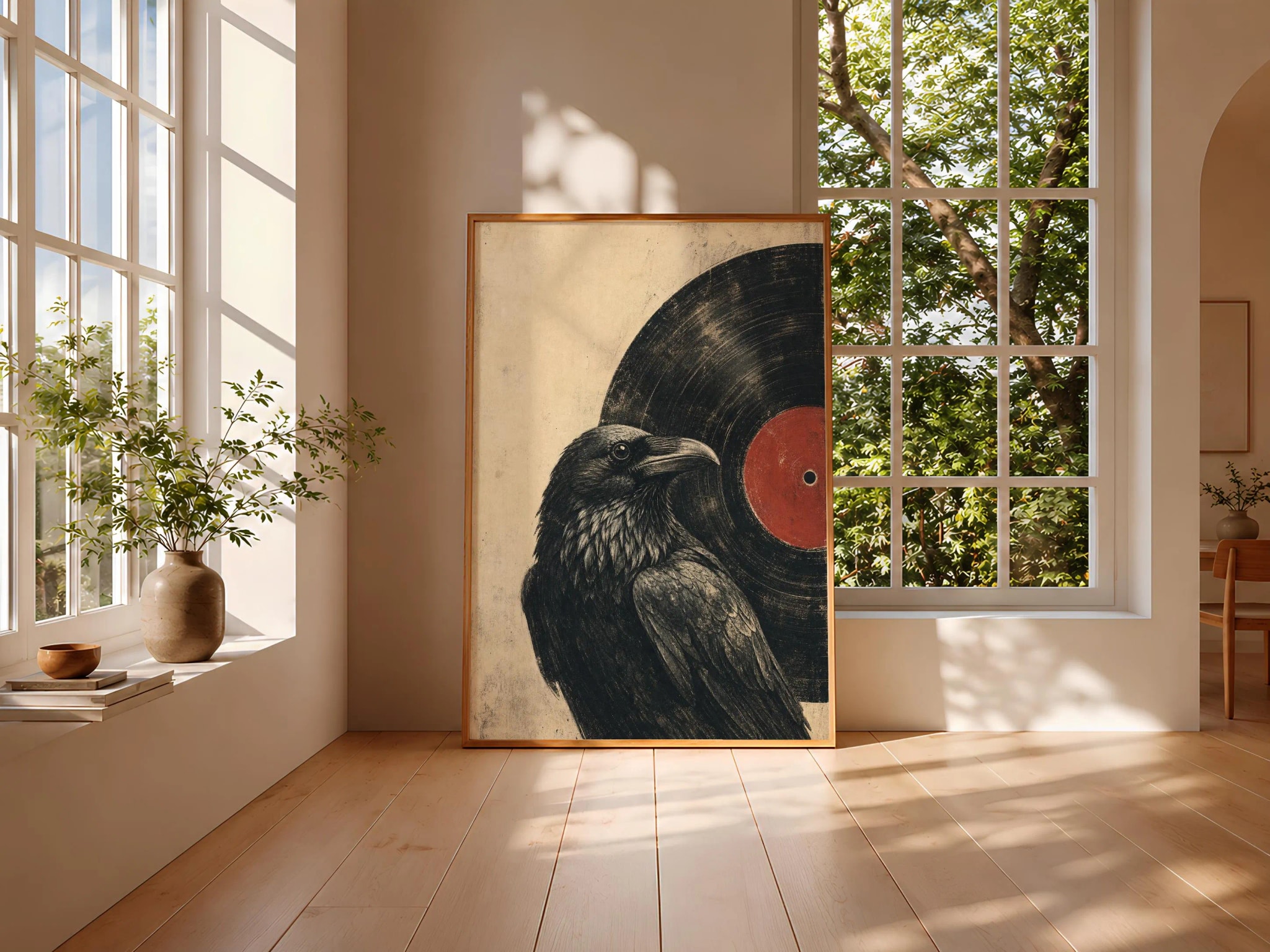 Raven Vinyl Record Print, Woodblock Bird Wall Art, Midnight Music Poster, Vinyl Record Lover Decor, Housewarming Gift – Calm Wall Art by Artsify thumbnail 3