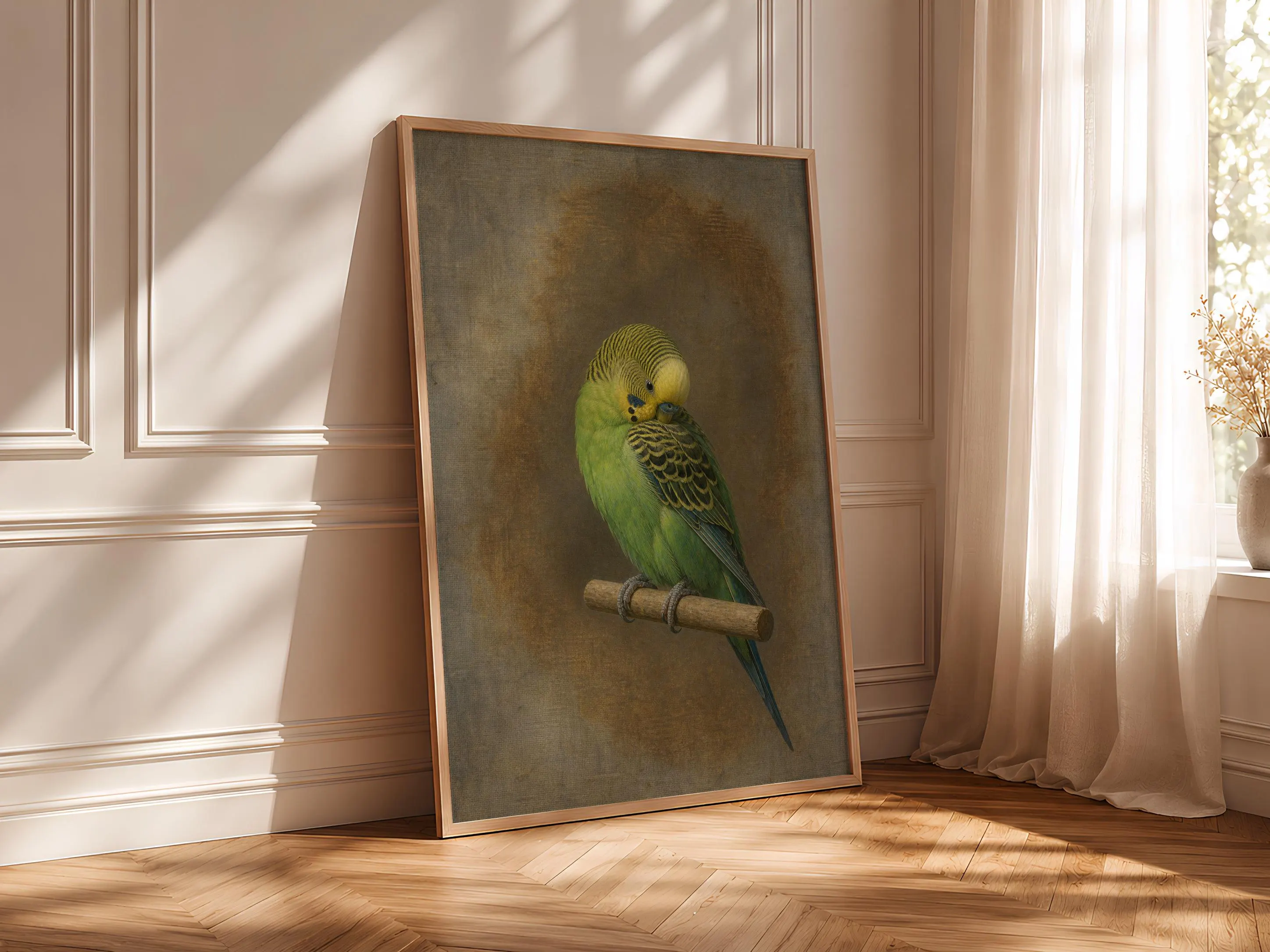 Green Budgerigar Wall Art, Minimal Bird Oil Painting Print – Calm Wall Art by Artsify thumbnail 4