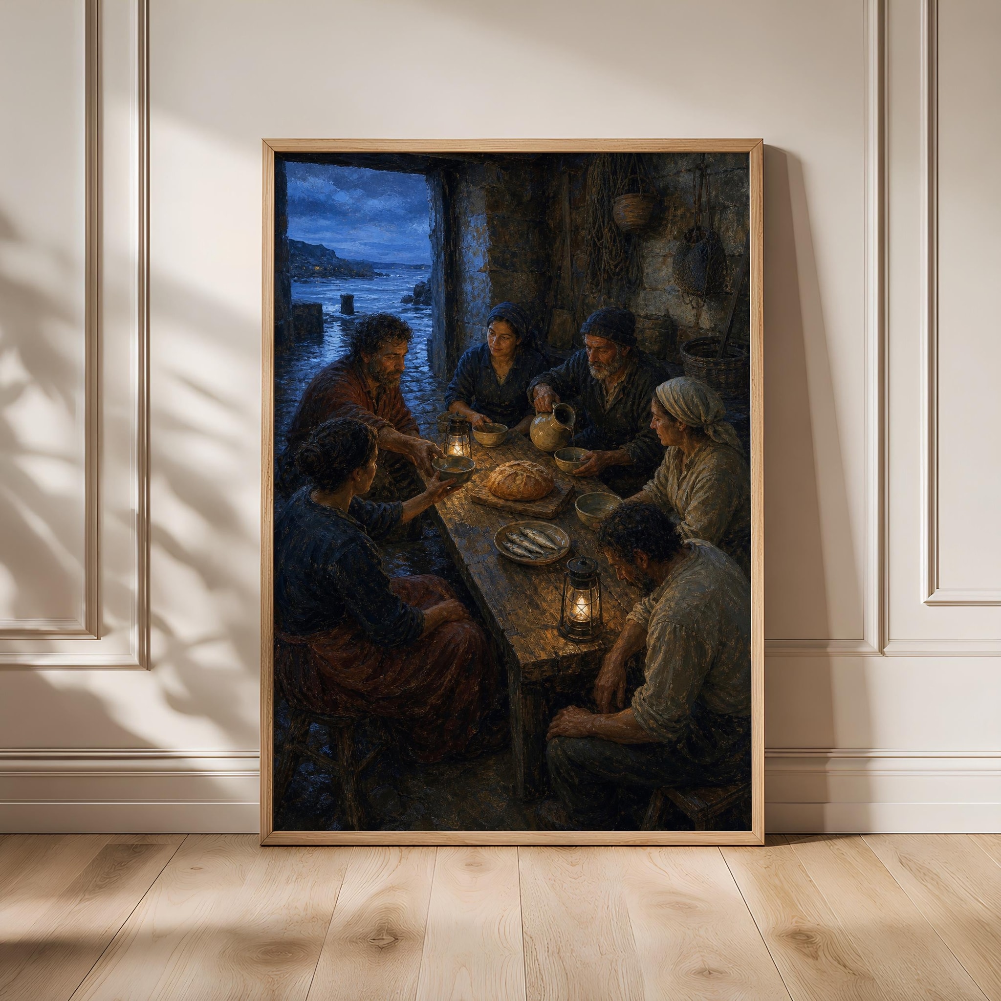 Fisherfolk Blessing Wall Art, Coastal Sacred Supper Painting, Moody Dusk Print – Calm Wall Art by Artsify