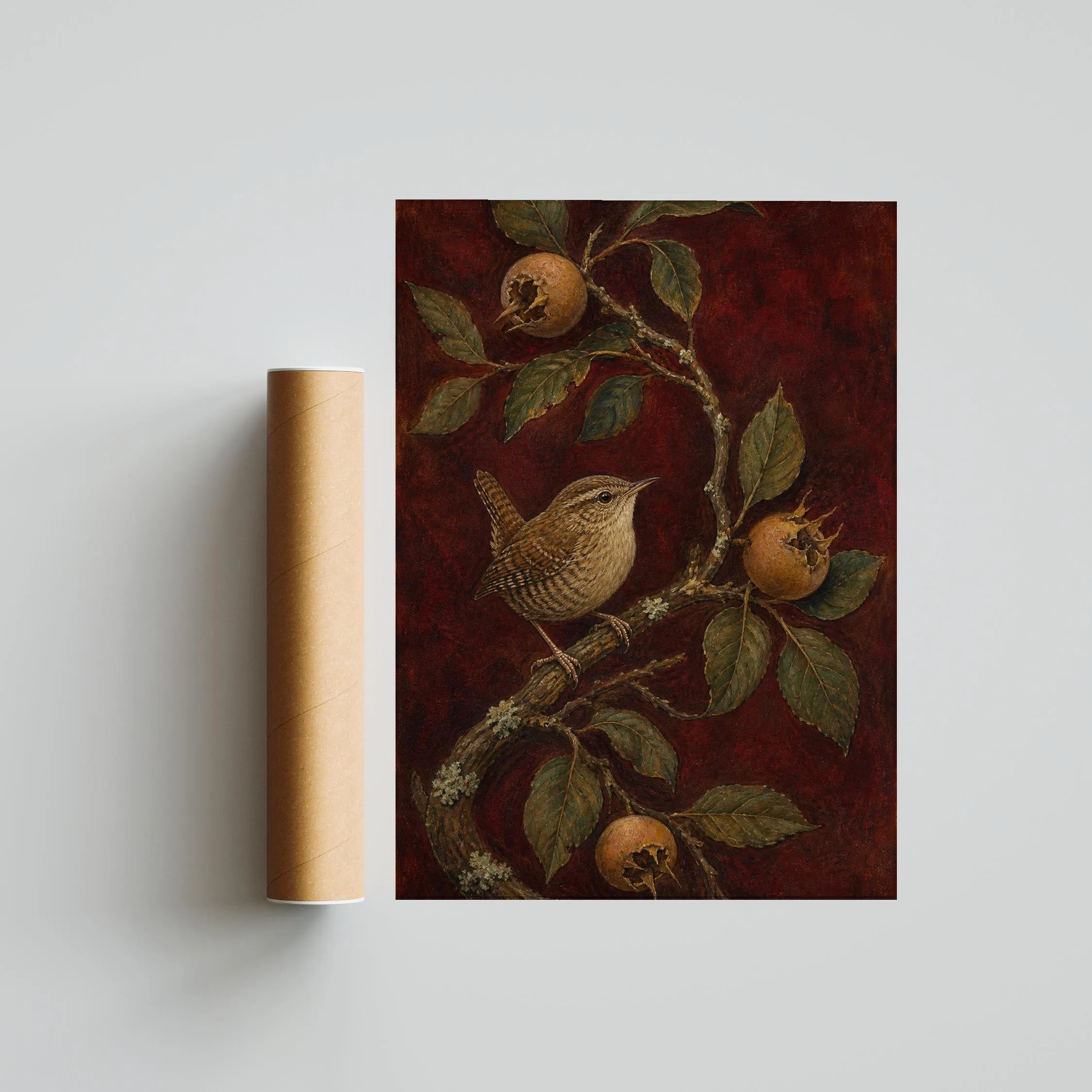 Eurasian Wren Wall Art, Vintage Naturalist Illustration, Deep Maroon Botanical Decor Print – Calm Wall Art by Artsify thumbnail 5