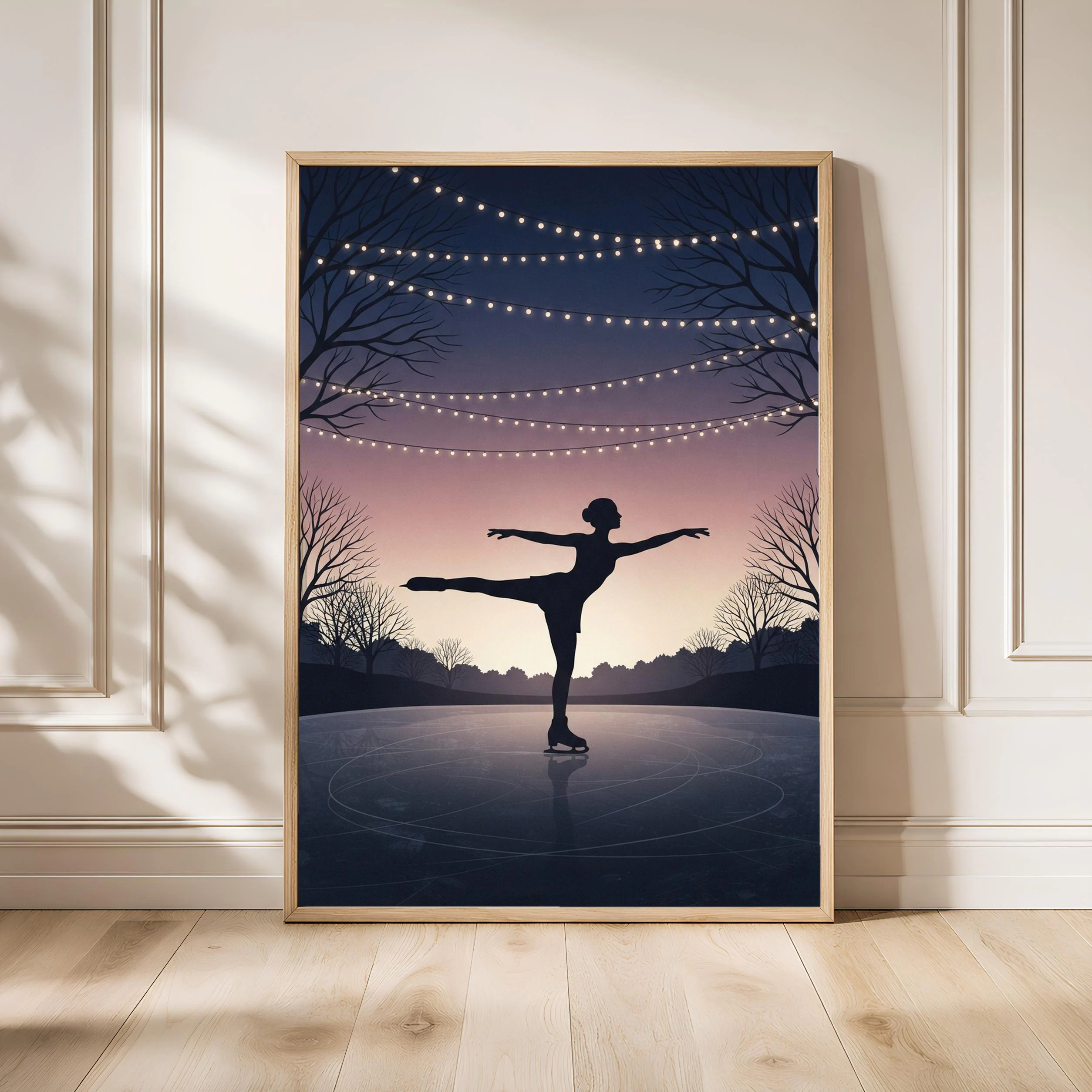 Ice Skater Print, Night Rink Poster, Navy Plum Wall Art, Skating Gift, Housewarming Gift – Calm Wall Art by Artsify