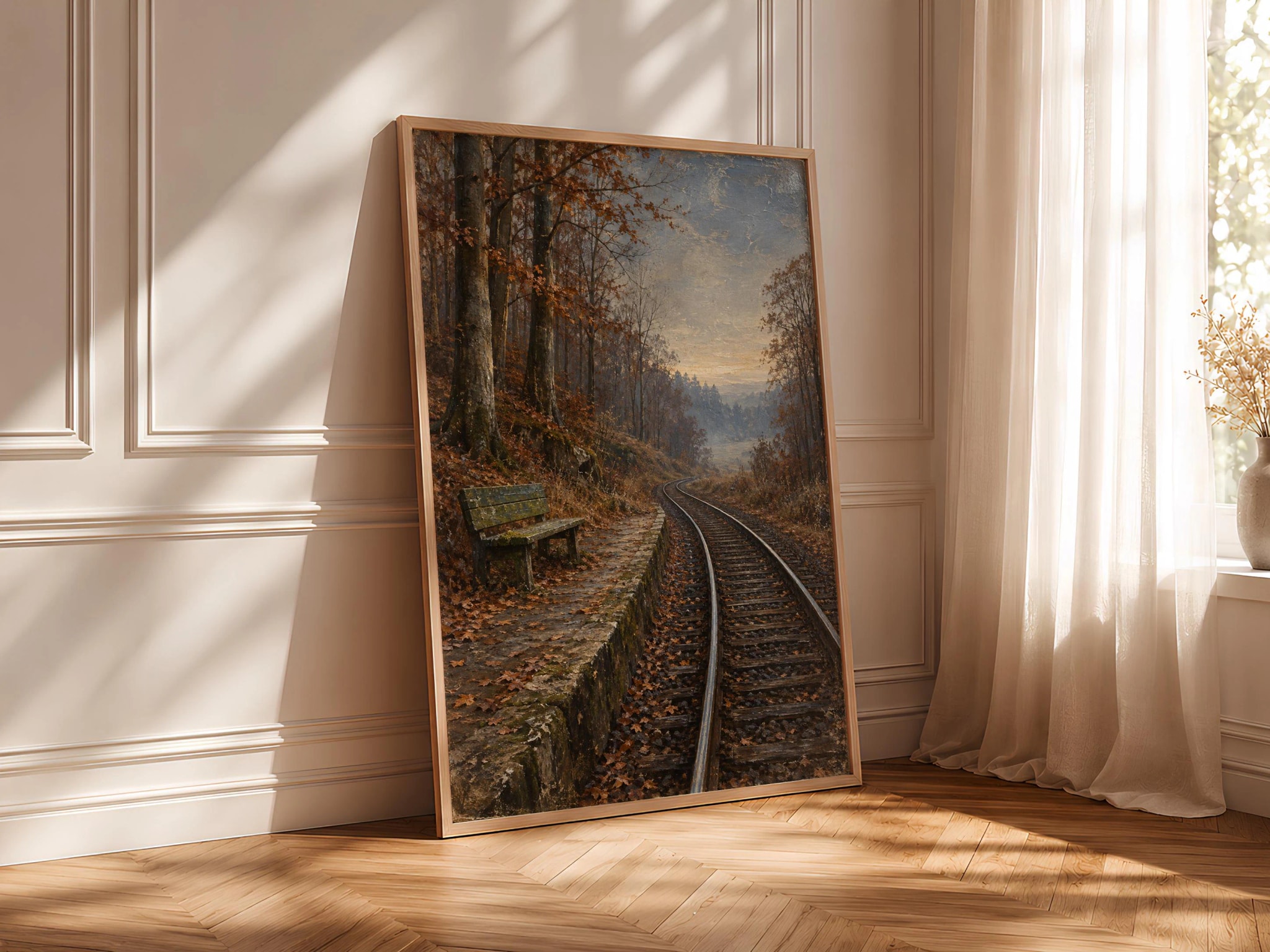 Autumn Forest Platform Wall Art, Empty Railway Oil Painting, Cottagecore Decor – Calm Wall Art by Artsify thumbnail 4