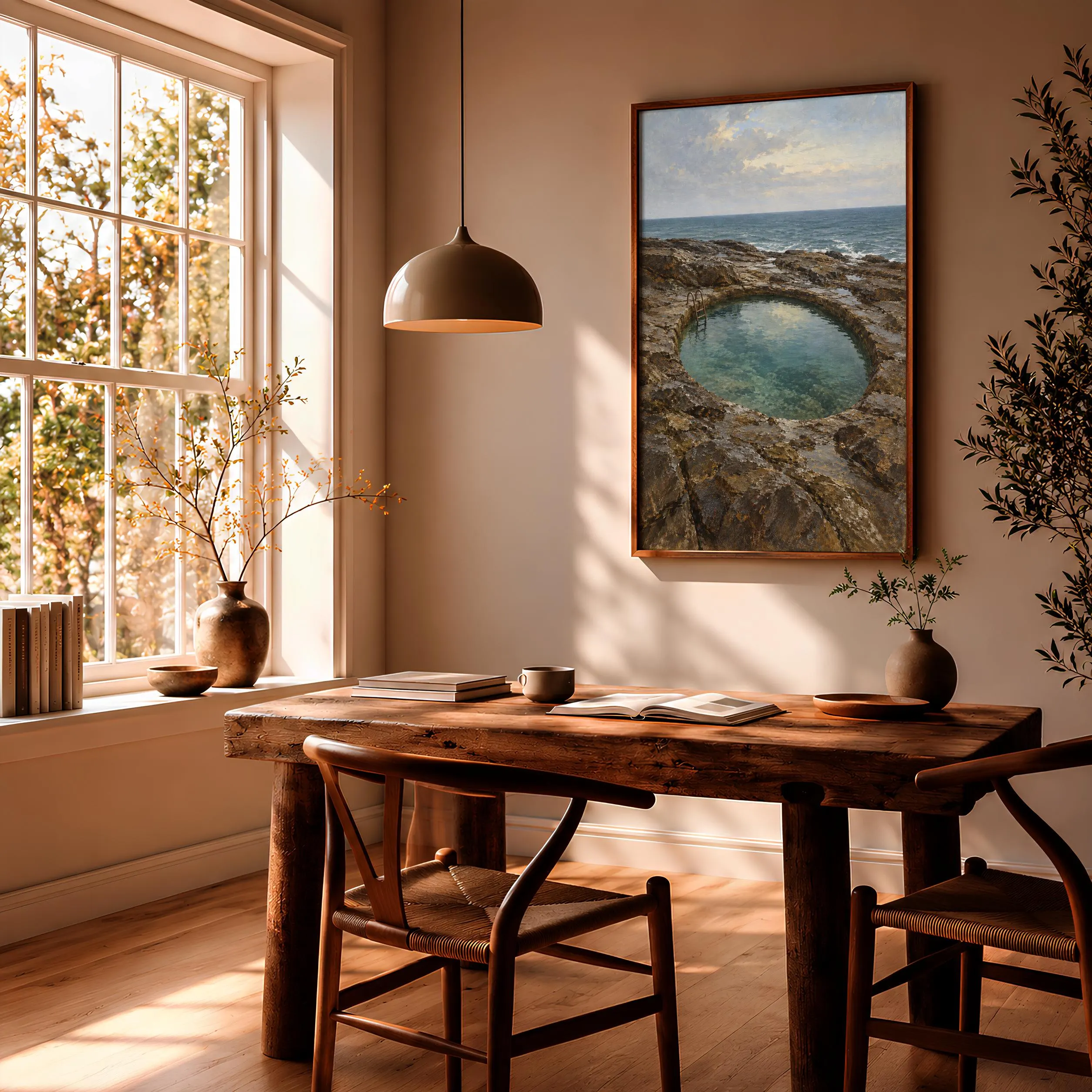Cold Water Rock Pool Print, Moody Grey Coastal Oil Painting – Calm Wall Art by Artsify thumbnail 2