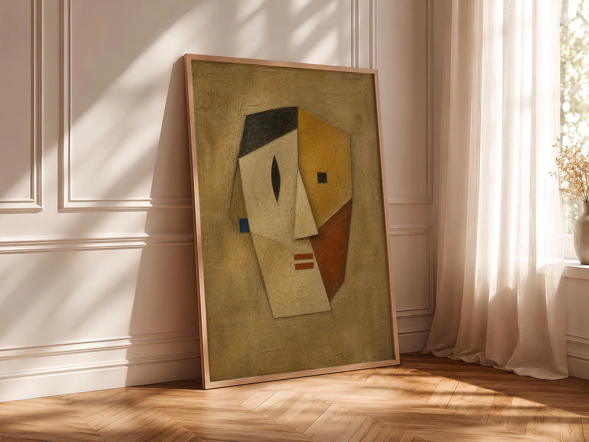 Abstract Face Wall Art, Ochre Cubist Oil Painting Print – Calm Wall Art by Artsify thumbnail 4