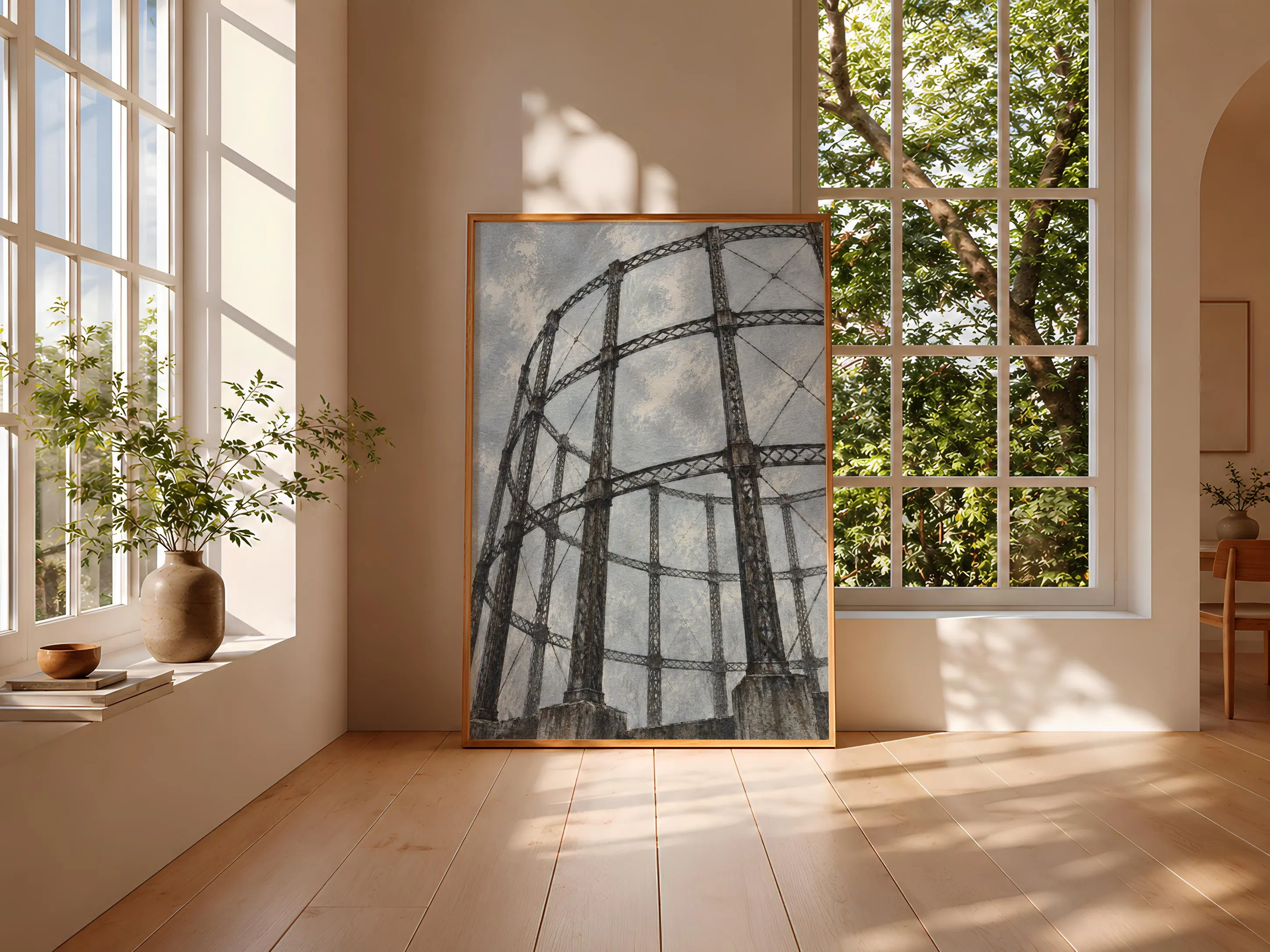 Gas Holder Wall Art, Vintage Industrial Architecture Painting – Calm Wall Art by Artsify thumbnail 3