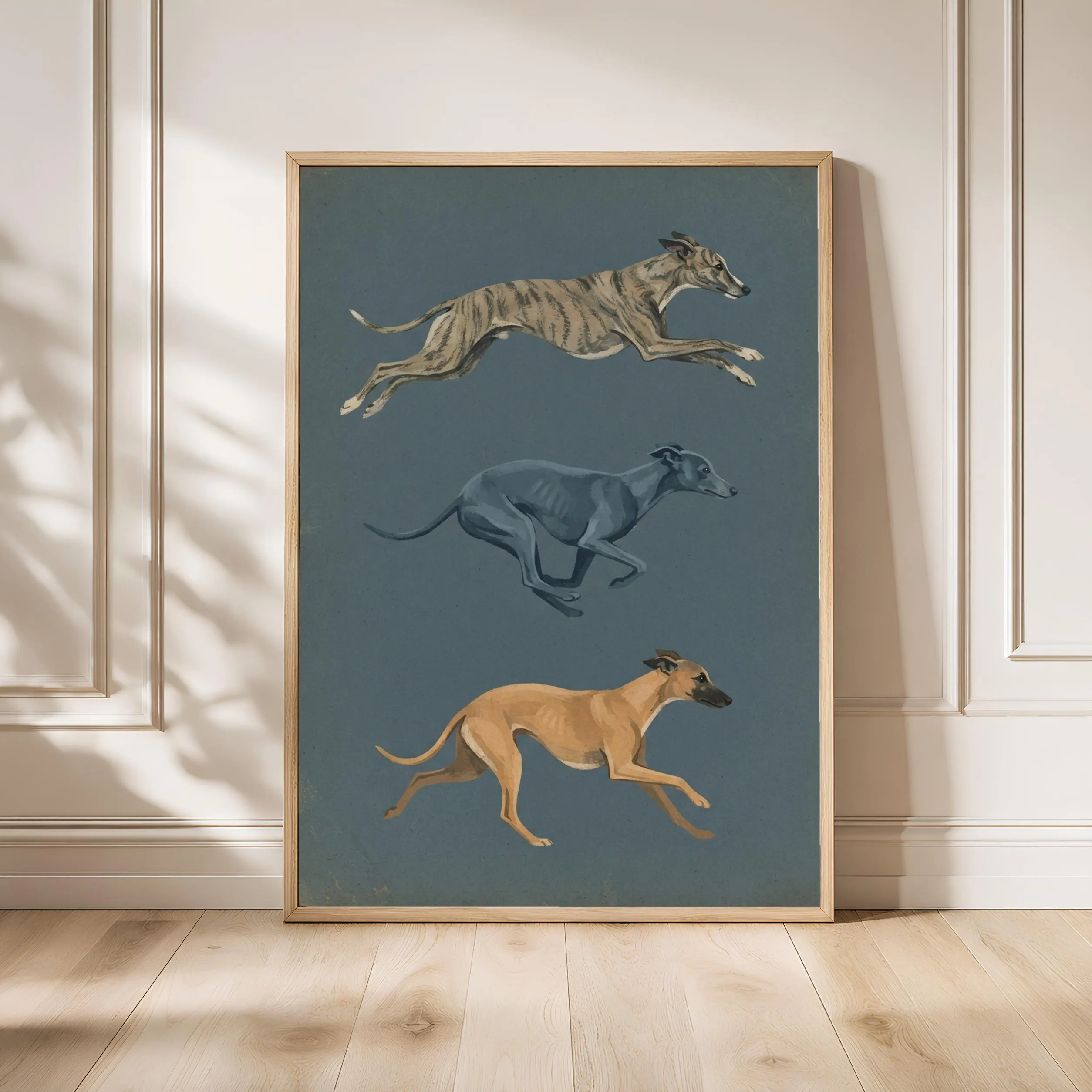 Whippet Wall Art, Dusty Blue Minimalist Dog Painting, Vintage Sighthound Print, Housewarming Gift – Calm Wall Art by Artsify