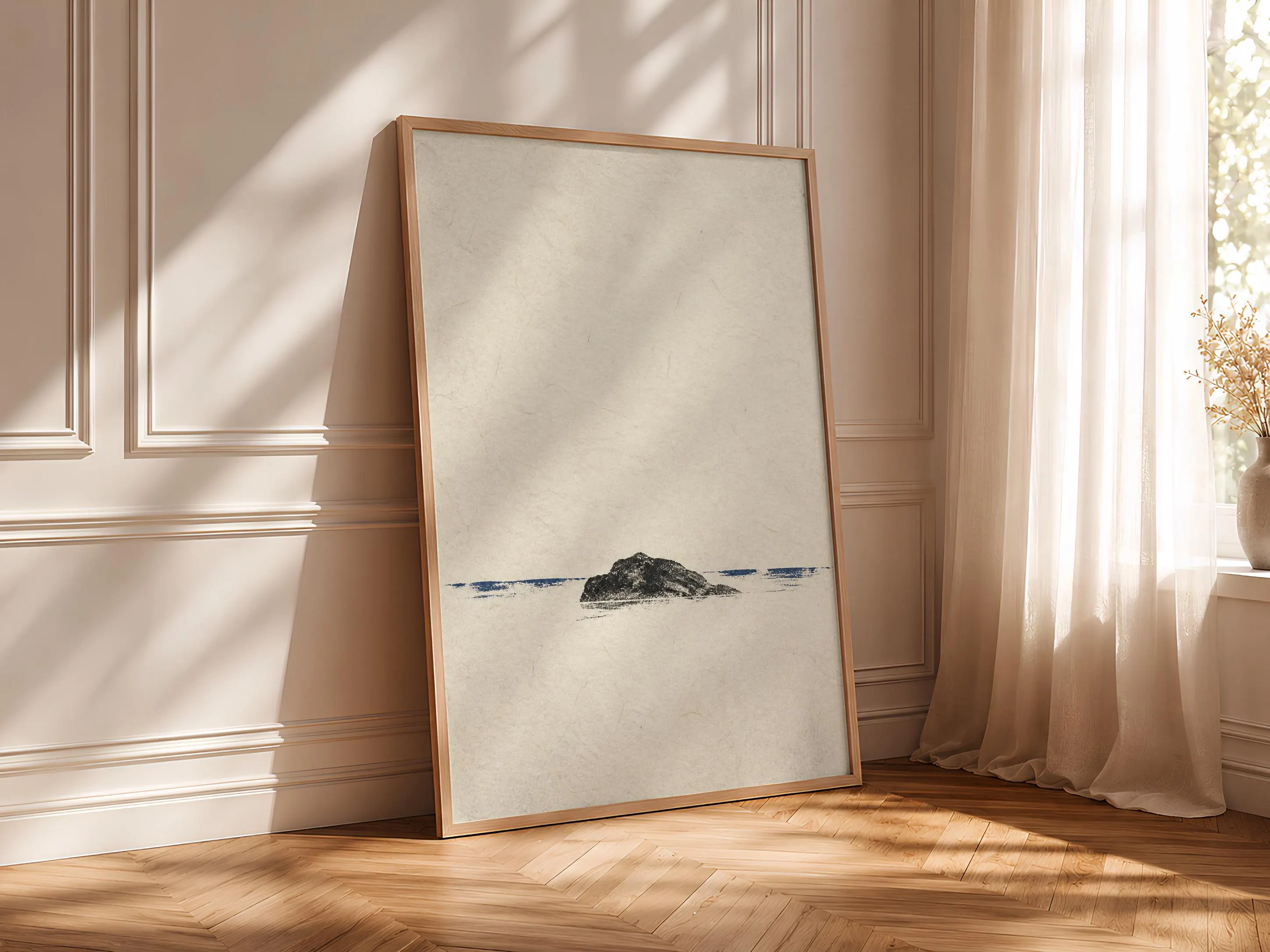 Minimalist Coastal Wall Art, Solitary Rock Monotype, Indigo Wabi Sabi Nature Print – Calm Wall Art by Artsify thumbnail 4