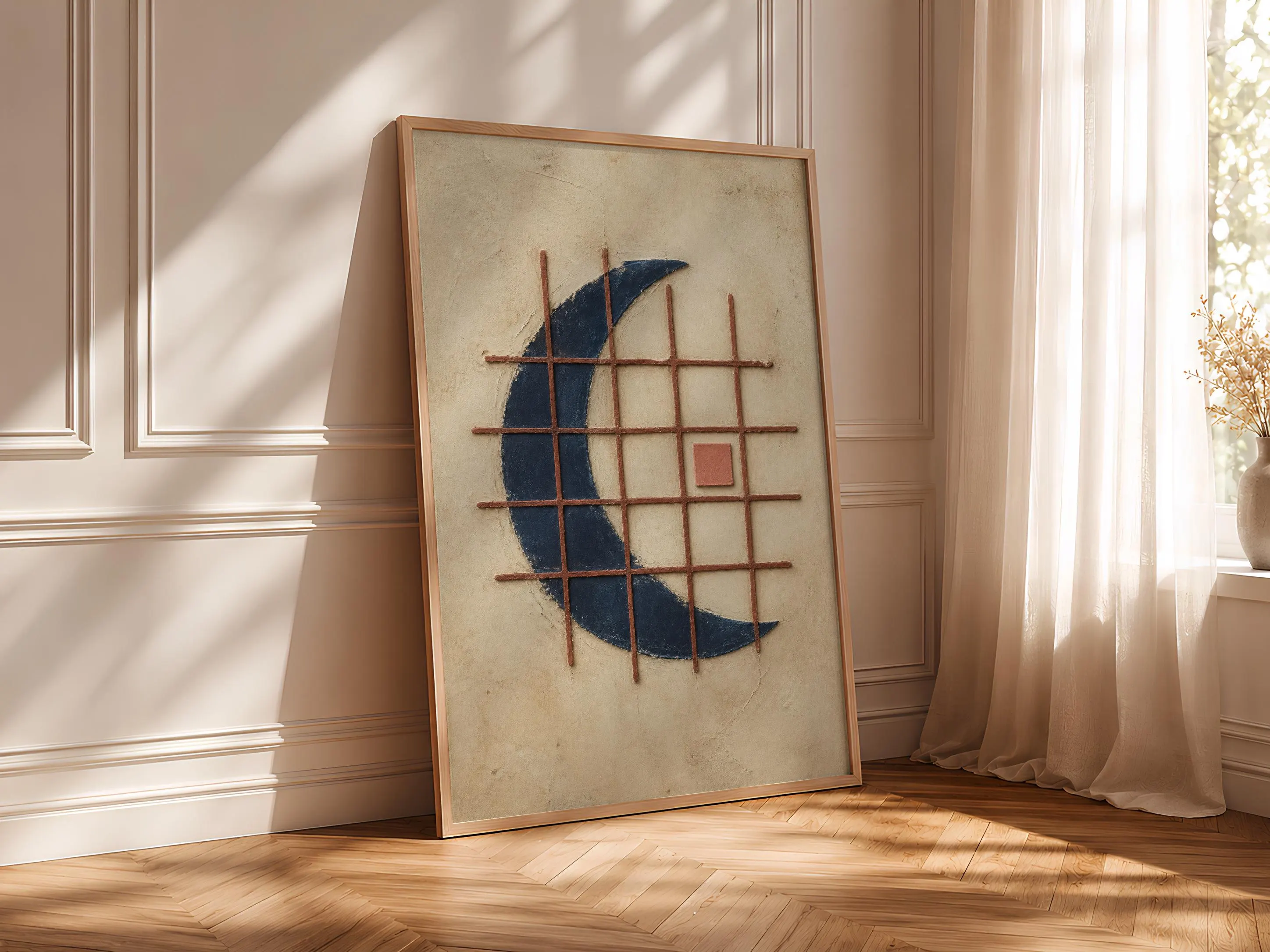 Indigo Geometric Wall Art, Textured Crescent Abstract Print, Rust Modern Relief Poster, Housewarming Gift – Calm Wall Art by Artsify thumbnail 4