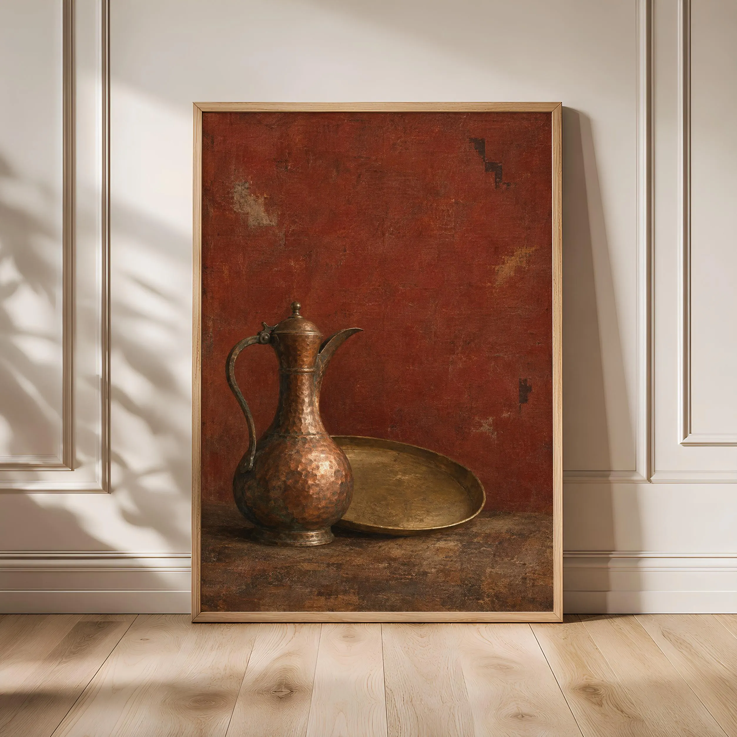Hammered Copper Ewer Wall Art, Old World Still Life Painting – Calm Wall Art by Artsify