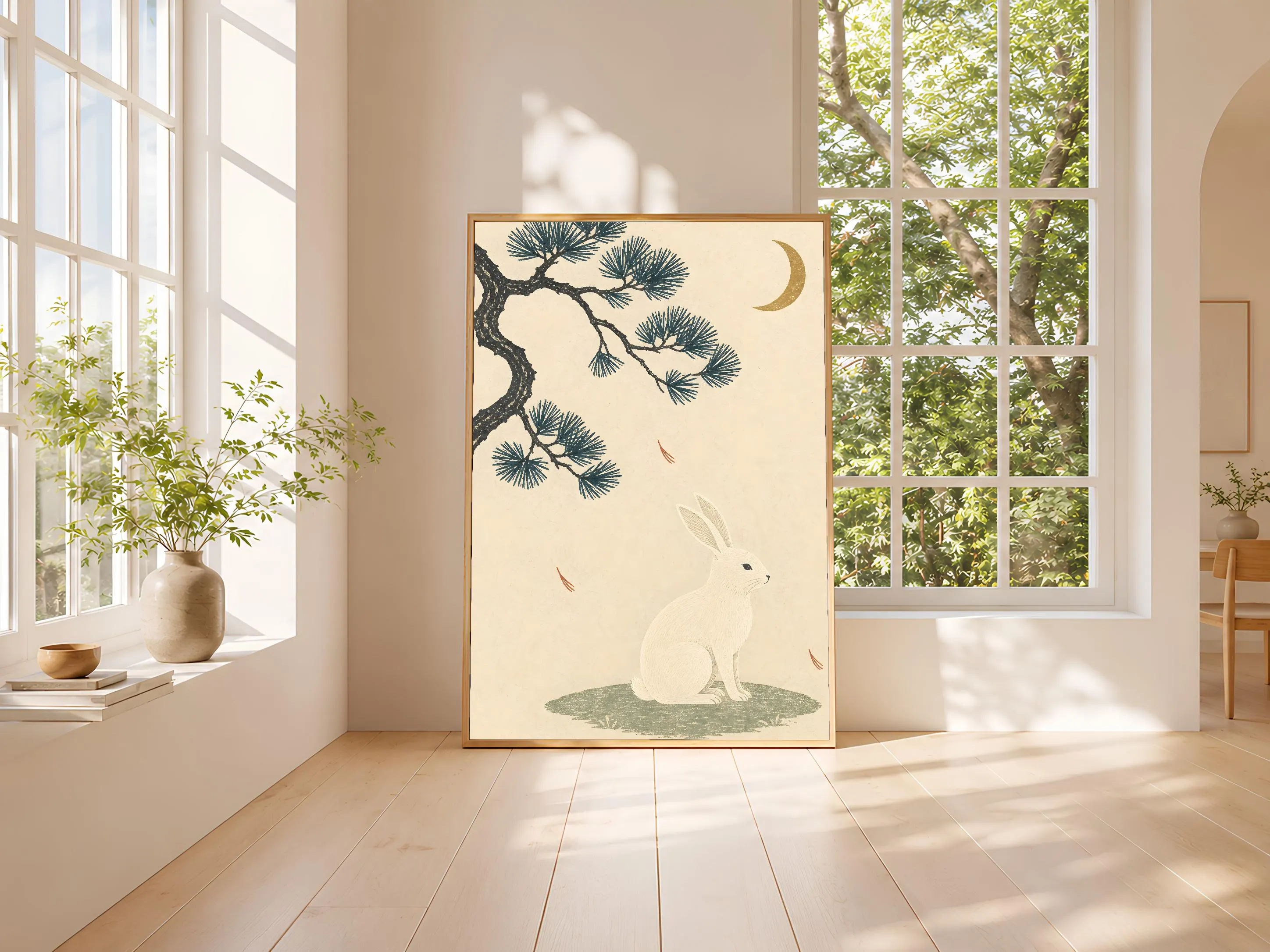 Moon Hare Print, Japanese Style Nature Wall Art, Pine Tree Poster, Zen Bedroom Decor, Housewarming Gift – Calm Wall Art by Artsify thumbnail 3