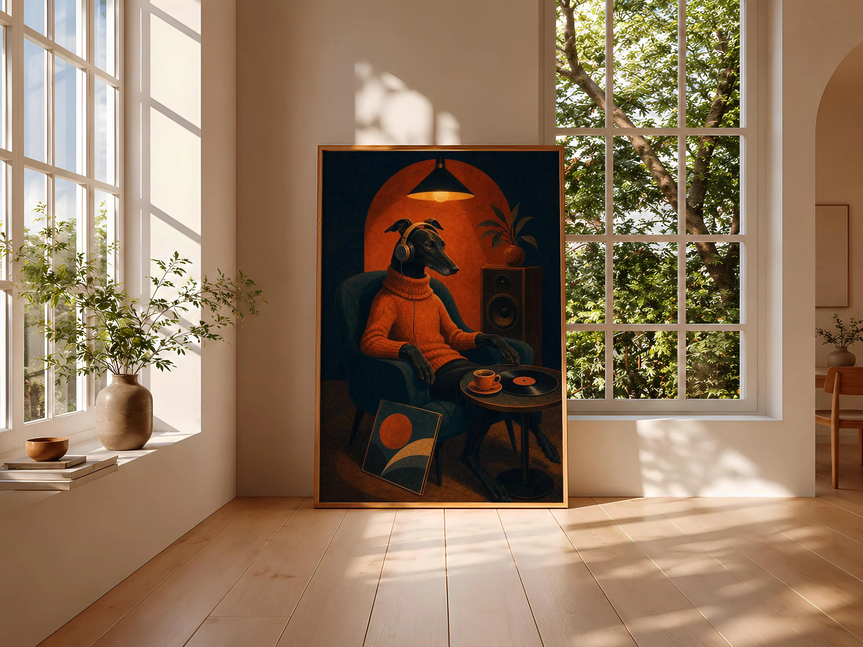 Greyhound Music Art Print, Retro Vinyl Listening Poster, Mid Century Dog Wall Art, Music Room Decor, Housewarming Gift – Calm Wall Art by Artsify thumbnail 3
