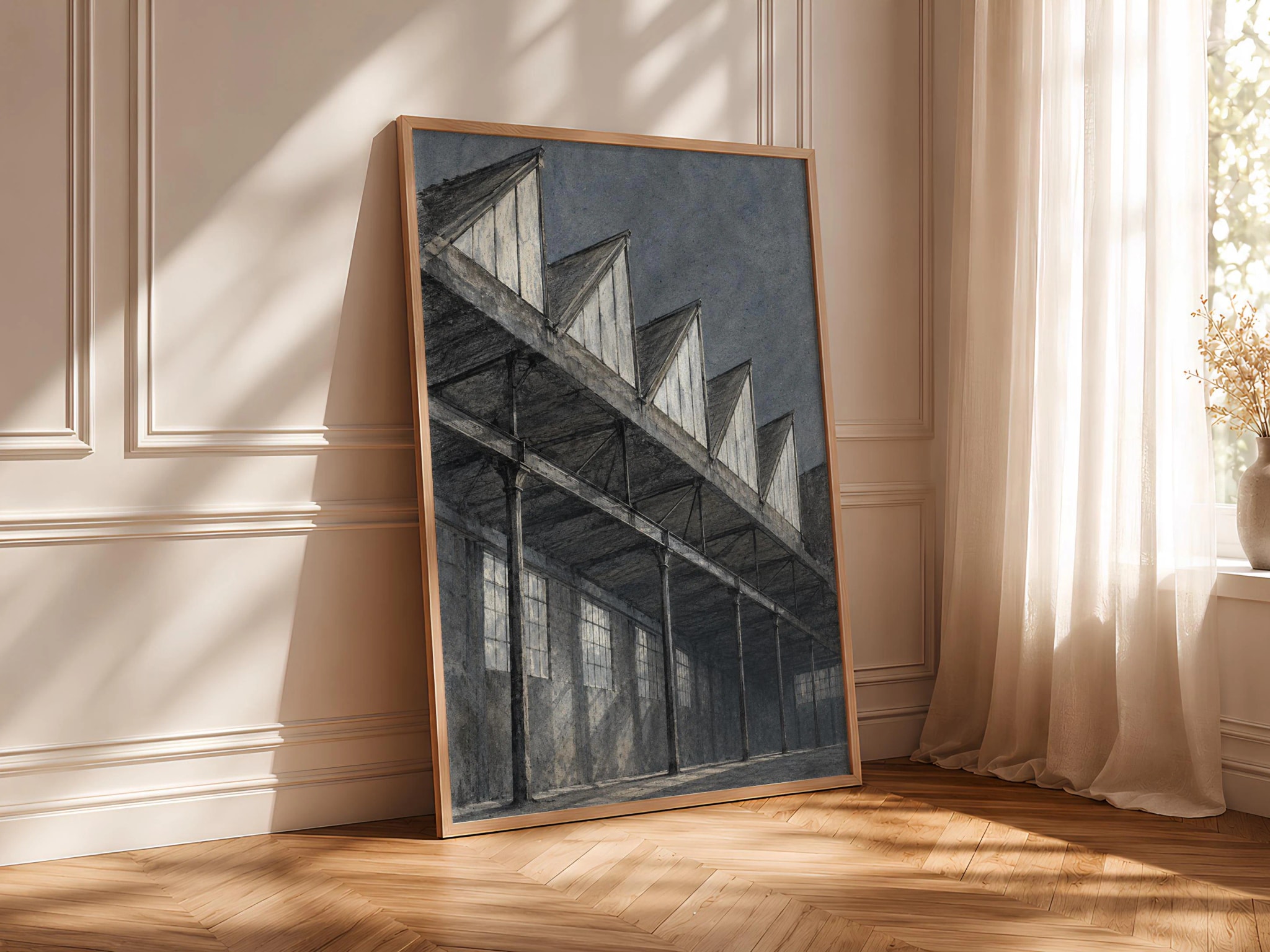 Sawtooth Factory Roof Wall Art, Industrial Architecture Painting – Calm Wall Art by Artsify thumbnail 4