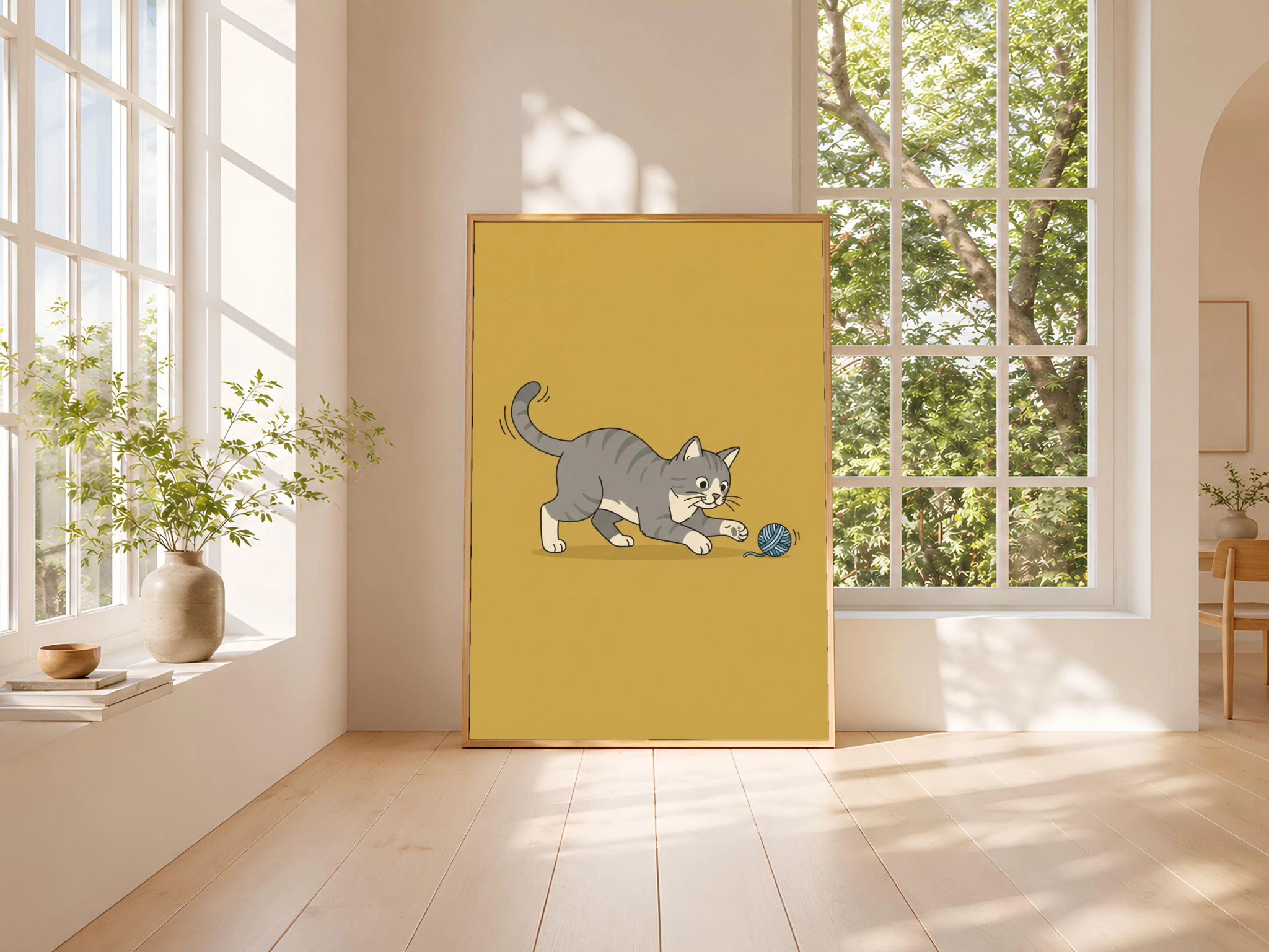 Minimalist Cat Print, Playful Grey Cat Wall Art, Mustard Poster, Cat Lover Gift, Housewarming Gift – Calm Wall Art by Artsify thumbnail 3
