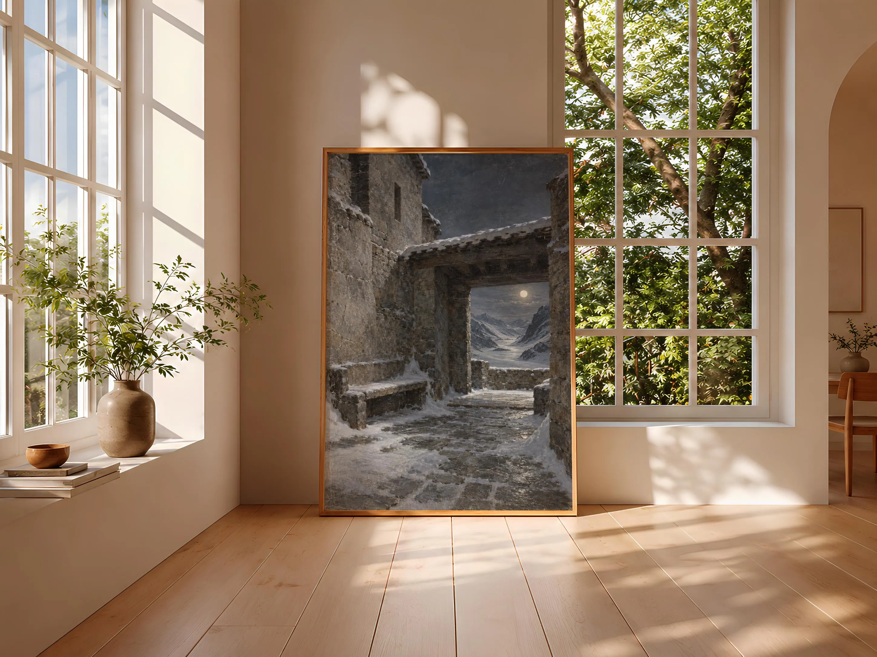 Winter Stone Courtyard Wall Art, Moonlit Mountain Passage Painting, Alpine Decor – Calm Wall Art by Artsify thumbnail 3