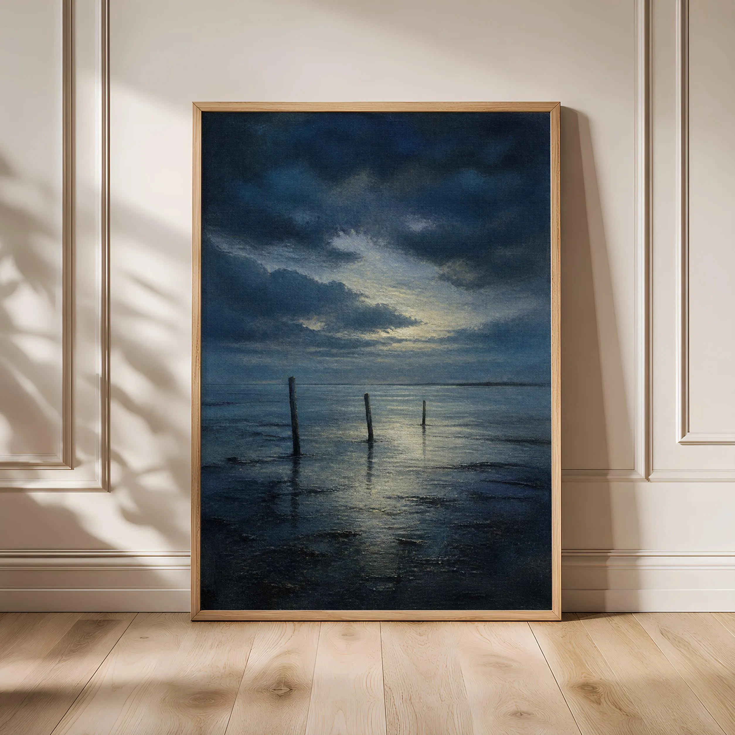 Tidal Flats Wall Art, Moody Blue Coastal Oil Painting Print – Calm Wall Art by Artsify