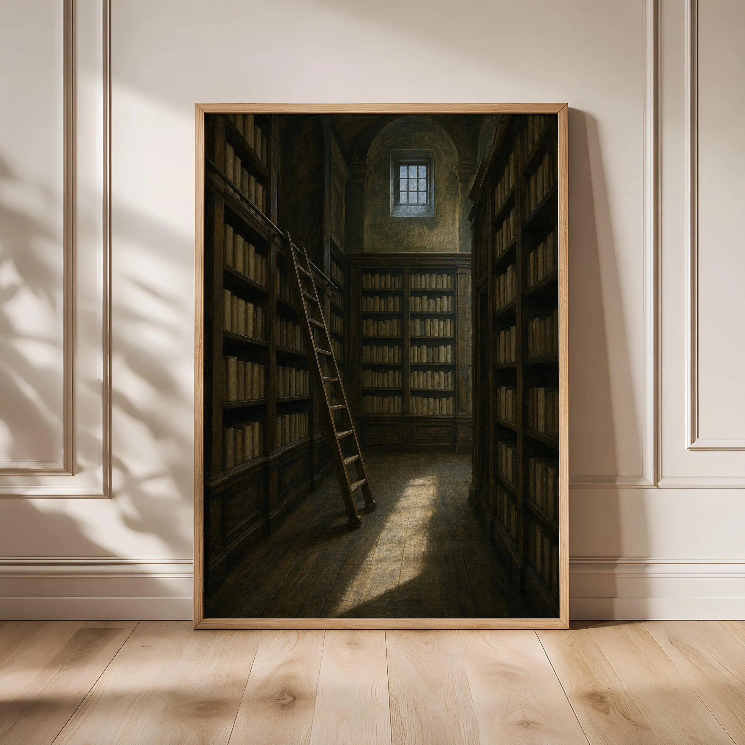 Library Ladder Print, Moss Green Architectural Wall Art, Moody Reading Room Poster, Housewarming Gift – Calm Wall Art by Artsify