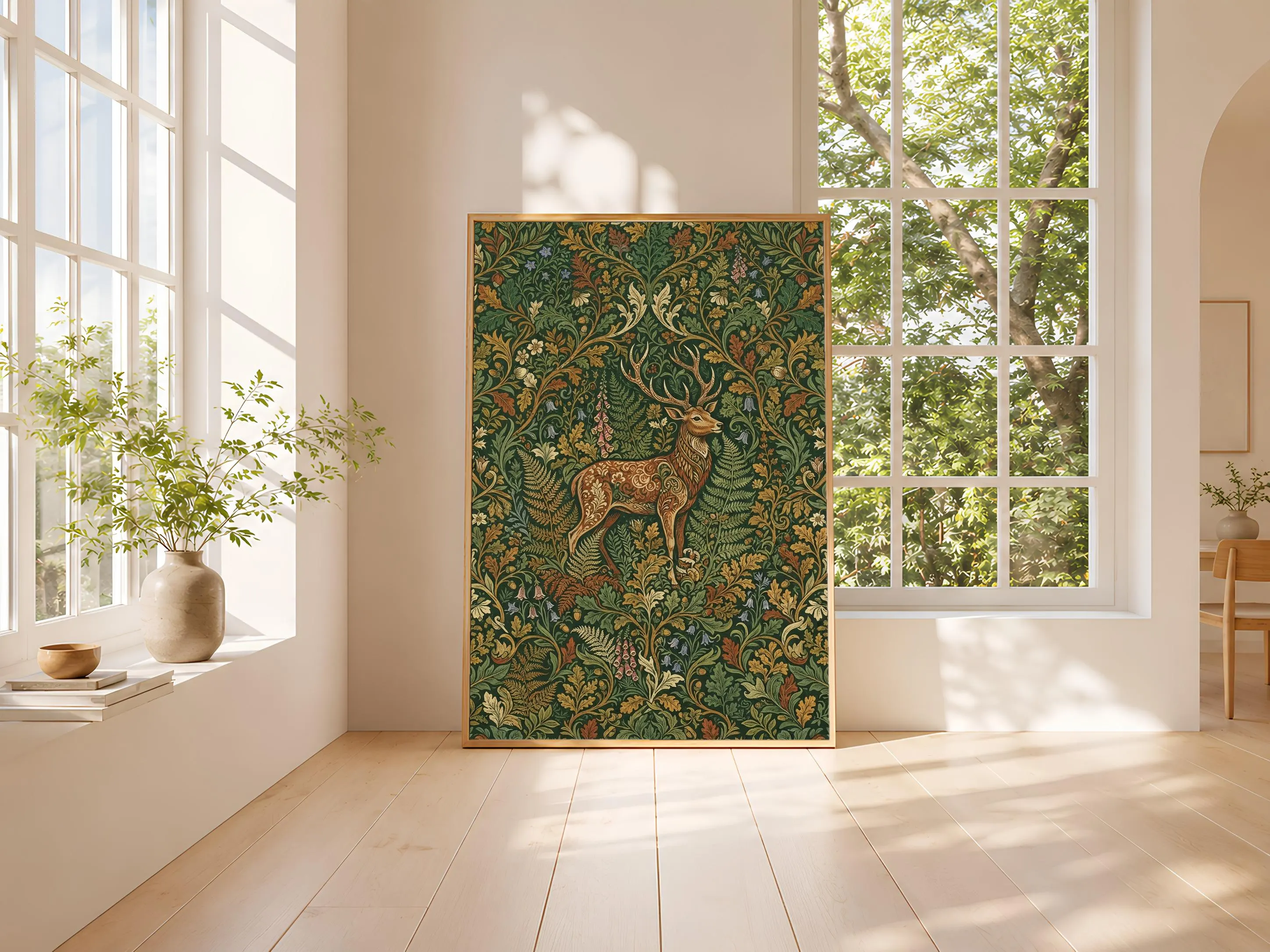William Morris Style Print, Arts and Crafts Stag Poster, Forest Fern Wall Art, Office Decor, Housewarming Gift – Calm Wall Art by Artsify thumbnail 3
