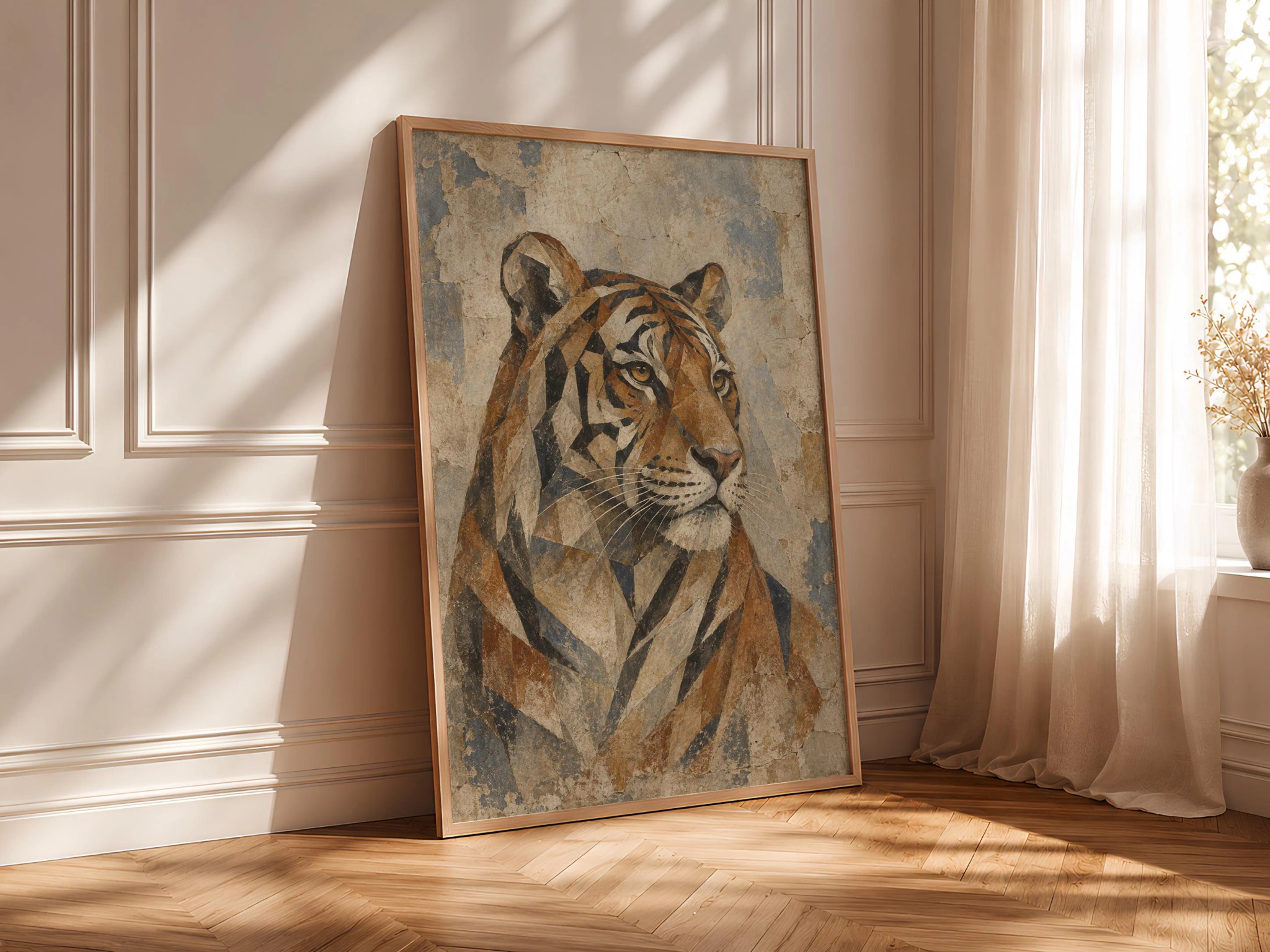 Cubist Tiger Wall Art, Abstract Geometric Bengal Portrait, Vintage Wildlife Decor – Calm Wall Art by Artsify thumbnail 4