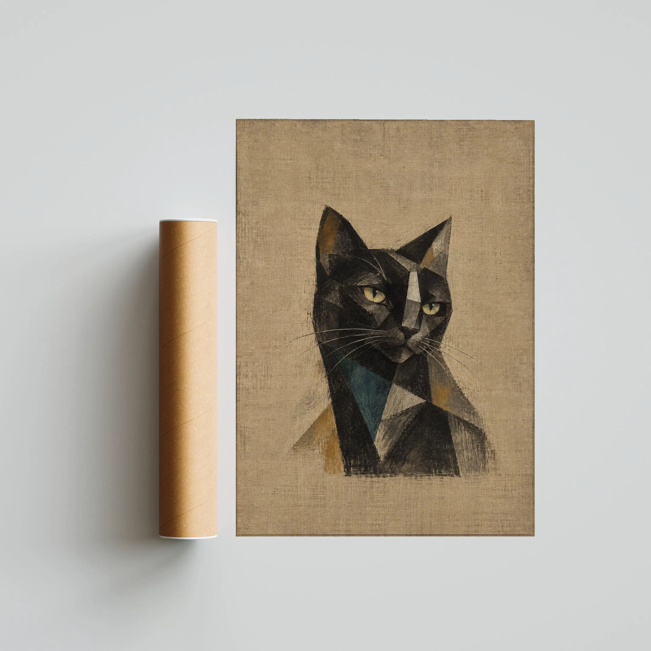 Cubist Black Cat Wall Art, Abstract Geometric Feline Portrait, Eclectic Decor – Calm Wall Art by Artsify thumbnail 5