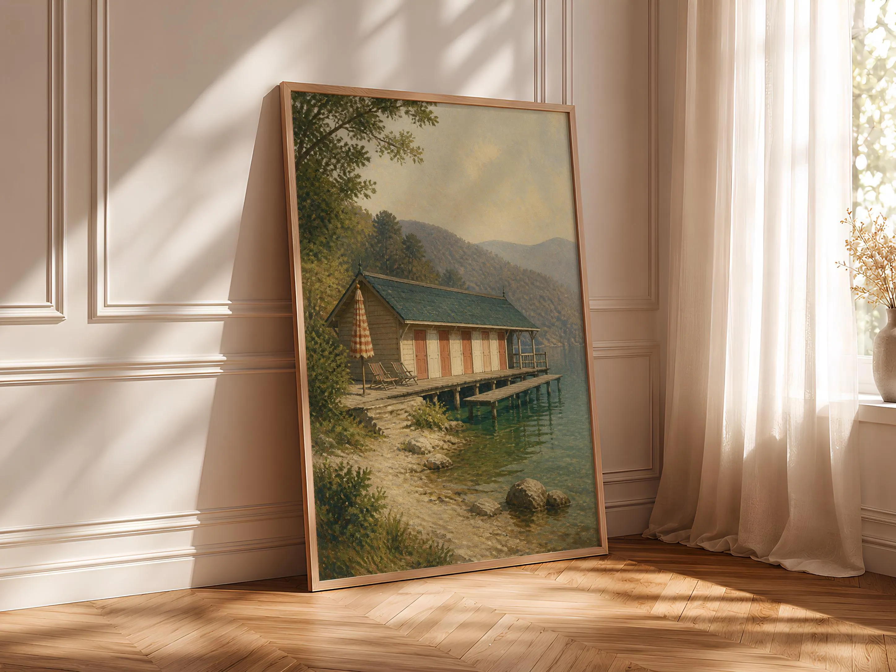 Lakeside Bathing Pavilion Print, Vintage Swimming Wall Art, Lake House Poster, Retro Summer Decor, Housewarming Gift – Calm Wall Art by Artsify thumbnail 4