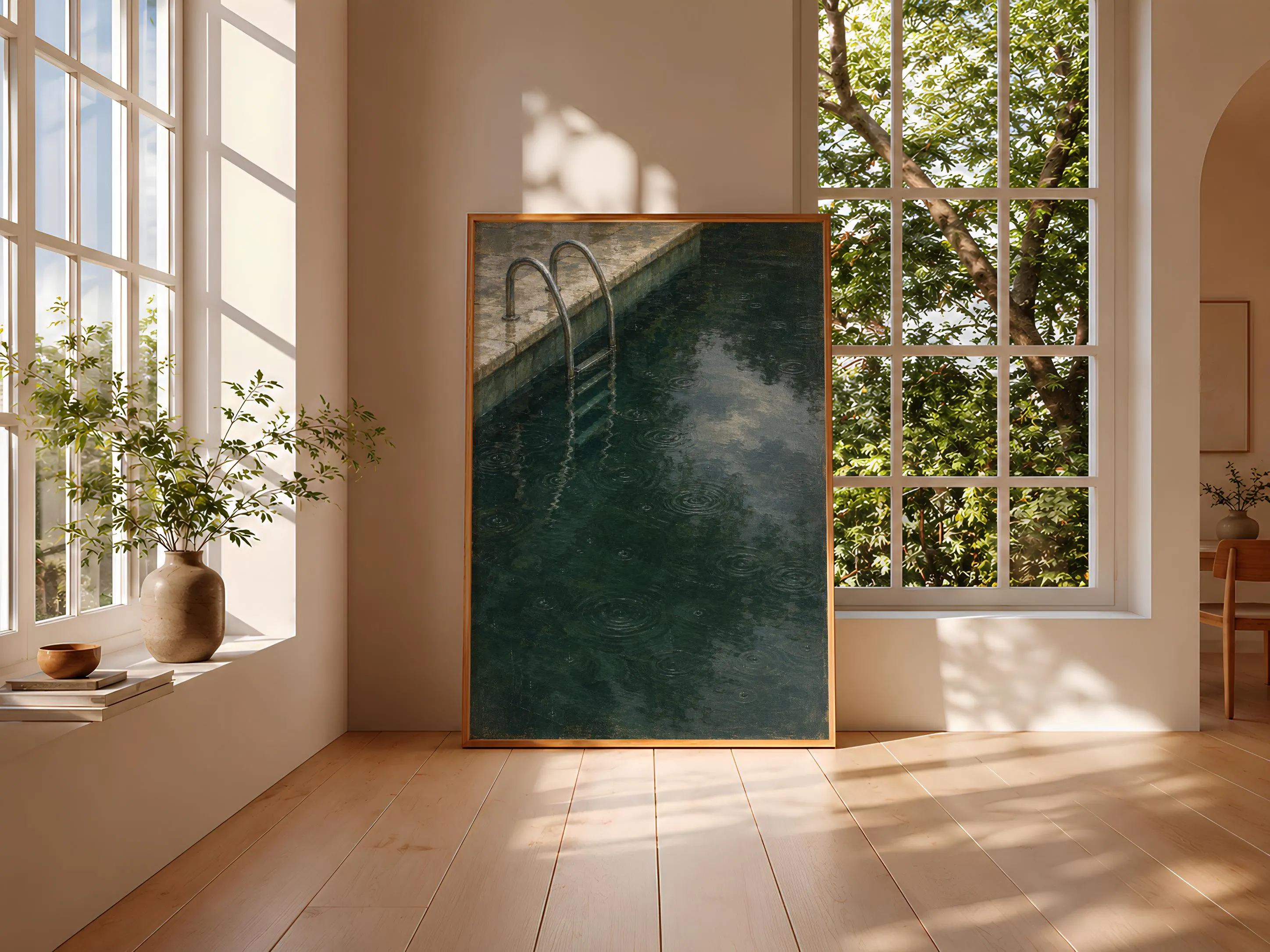 Rainy Pool Ladder Wall Art, Green Water Oil Painting, Moody Bathroom Decor – Calm Wall Art by Artsify thumbnail 3