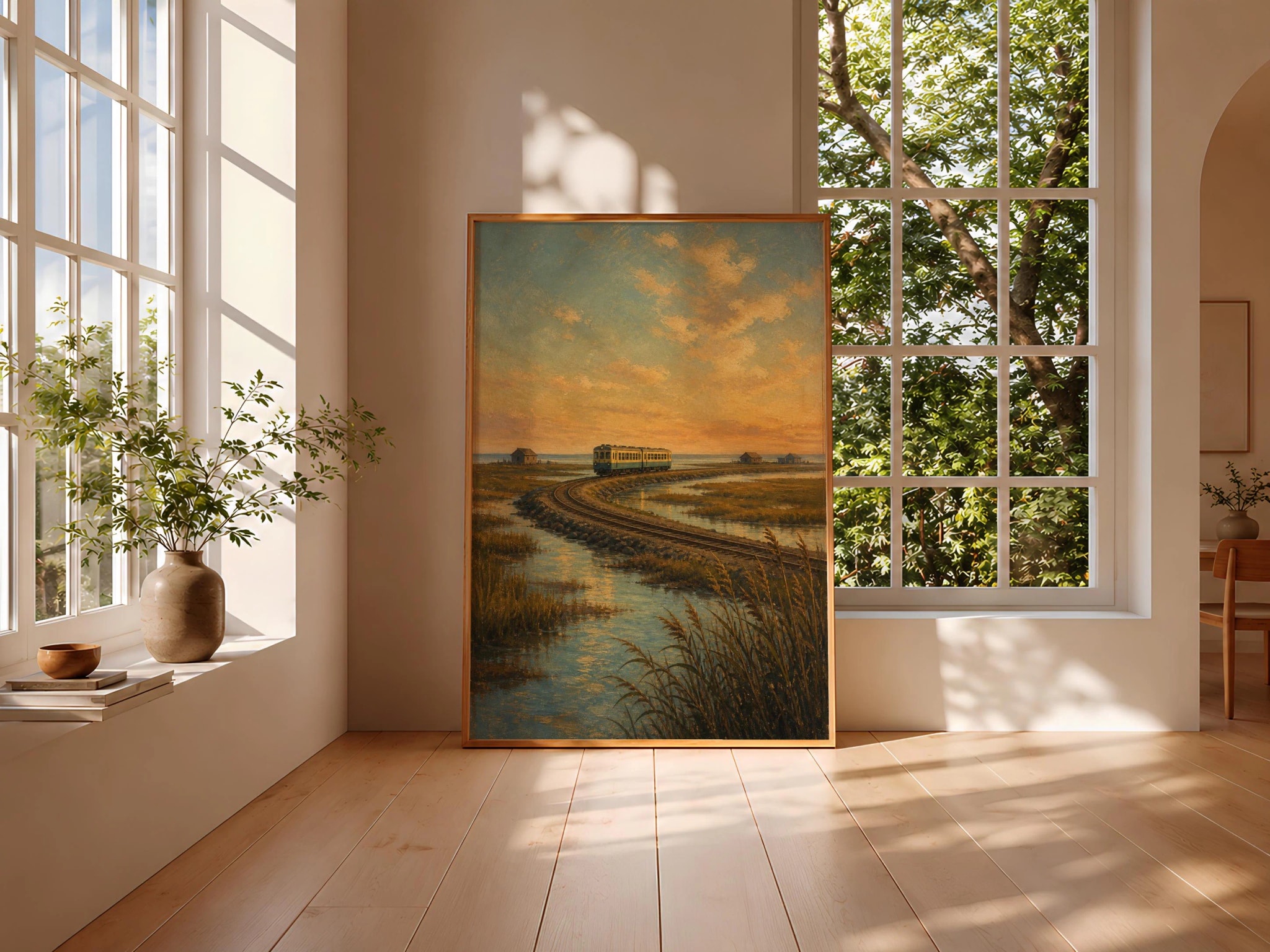 Salt Marsh Train Print, Vintage Railway Wall Art, Sunset Coastal Poster, Moody Landscape Decor, Housewarming Gift – Calm Wall Art by Artsify thumbnail 3