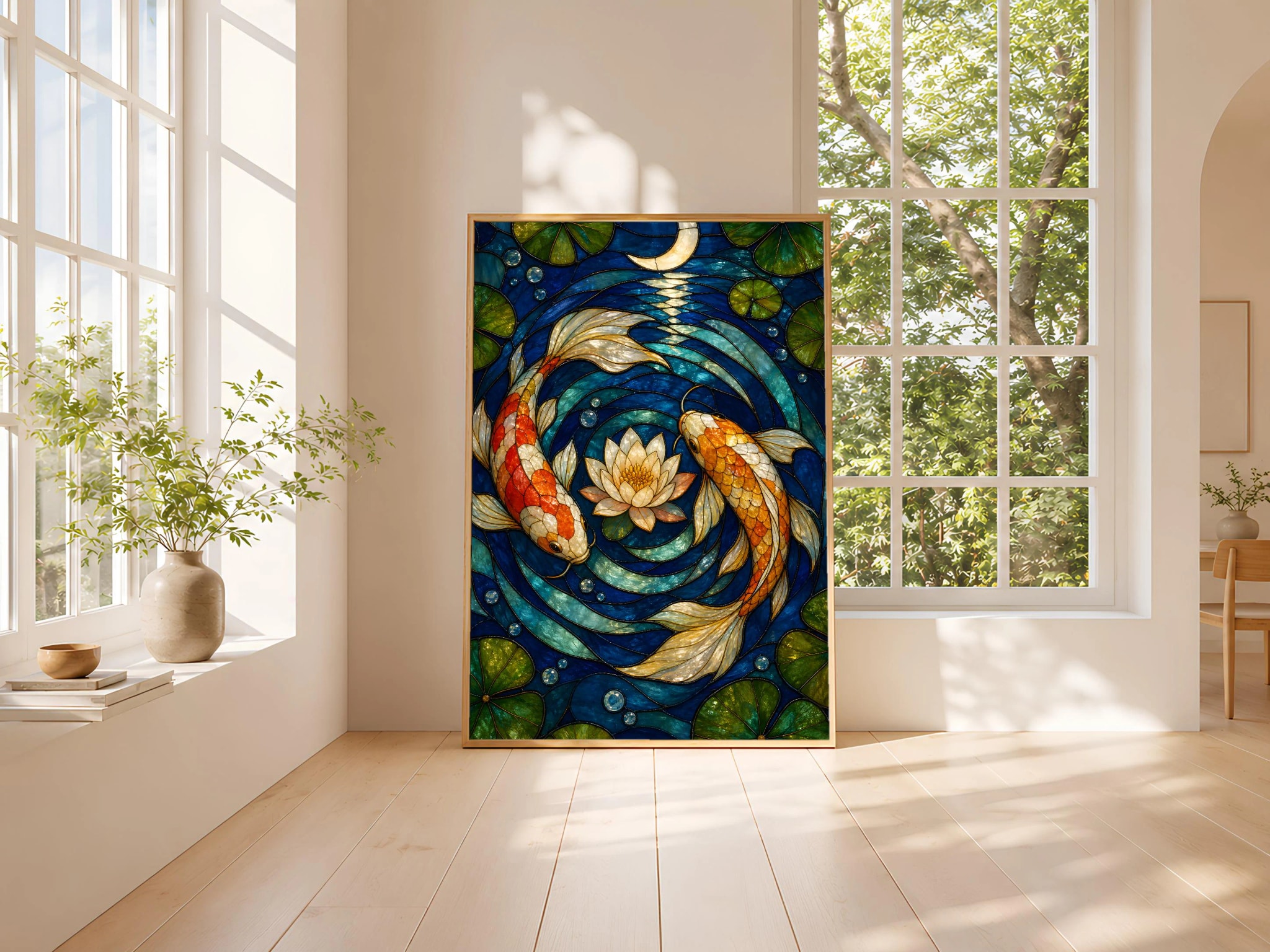 Koi Fish Stained Glass Print, Japanese Pond Wall Art, Moonlit Water Lily Poster, Zen Decor Gift, Housewarming Gift – Calm Wall Art by Artsify thumbnail 3