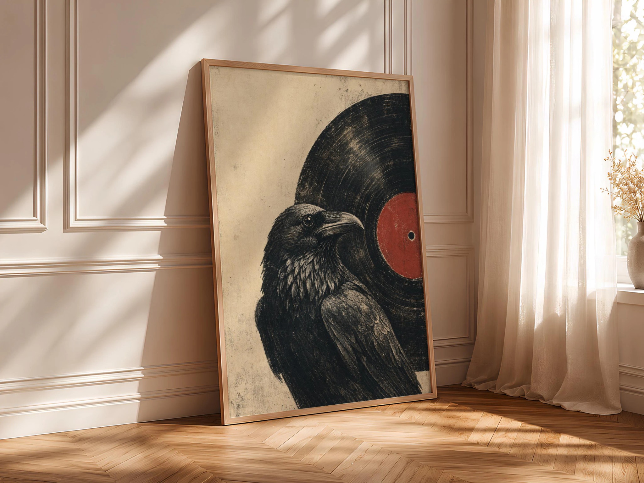 Raven Vinyl Record Print, Woodblock Bird Wall Art, Midnight Music Poster, Vinyl Record Lover Decor, Housewarming Gift – Calm Wall Art by Artsify thumbnail 4