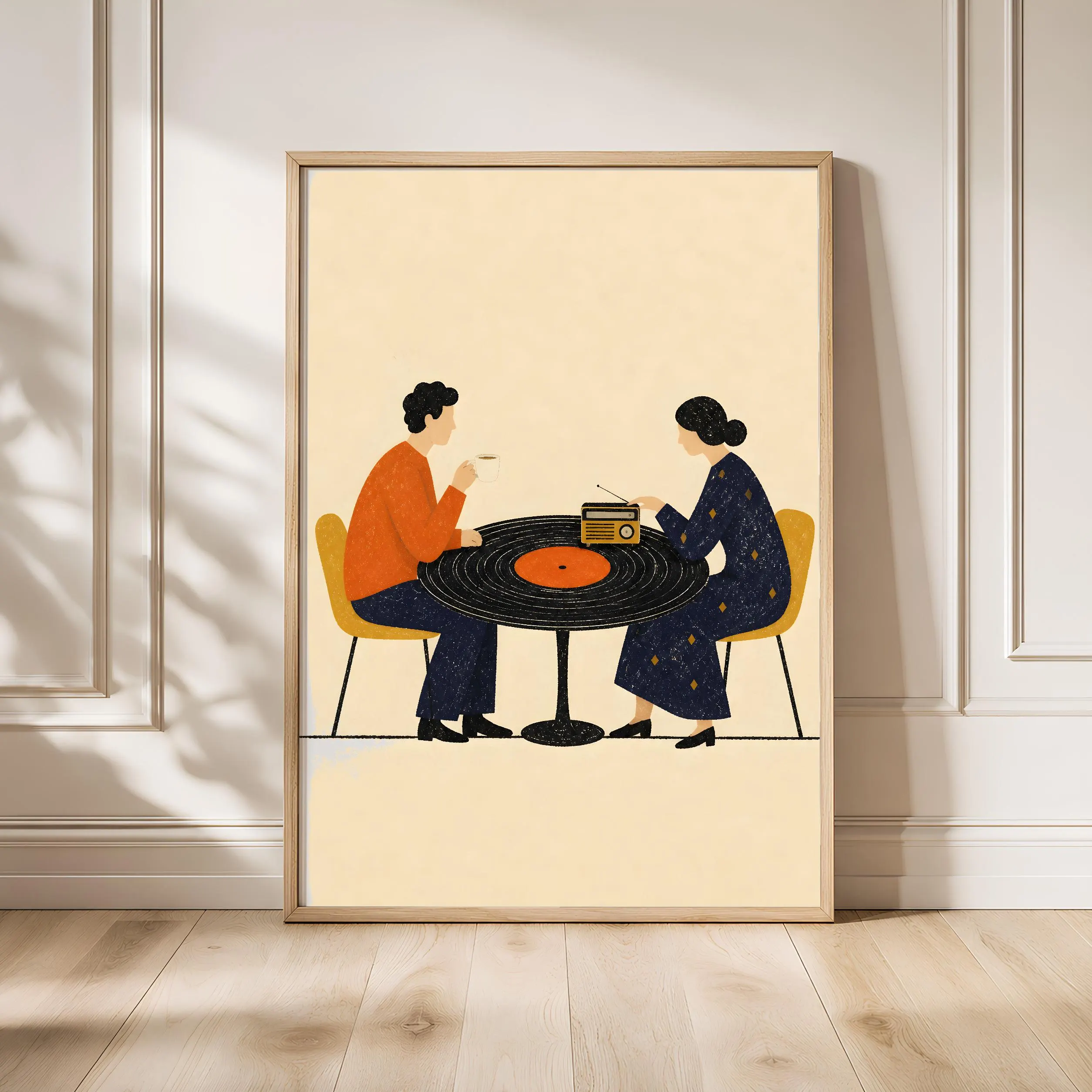 Vinyl Record Table Print, Retro Couple Cafe Poster, Mid Century Music Wall Art, Music Lover Gift, Housewarming Gift – Calm Wall Art by Artsify
