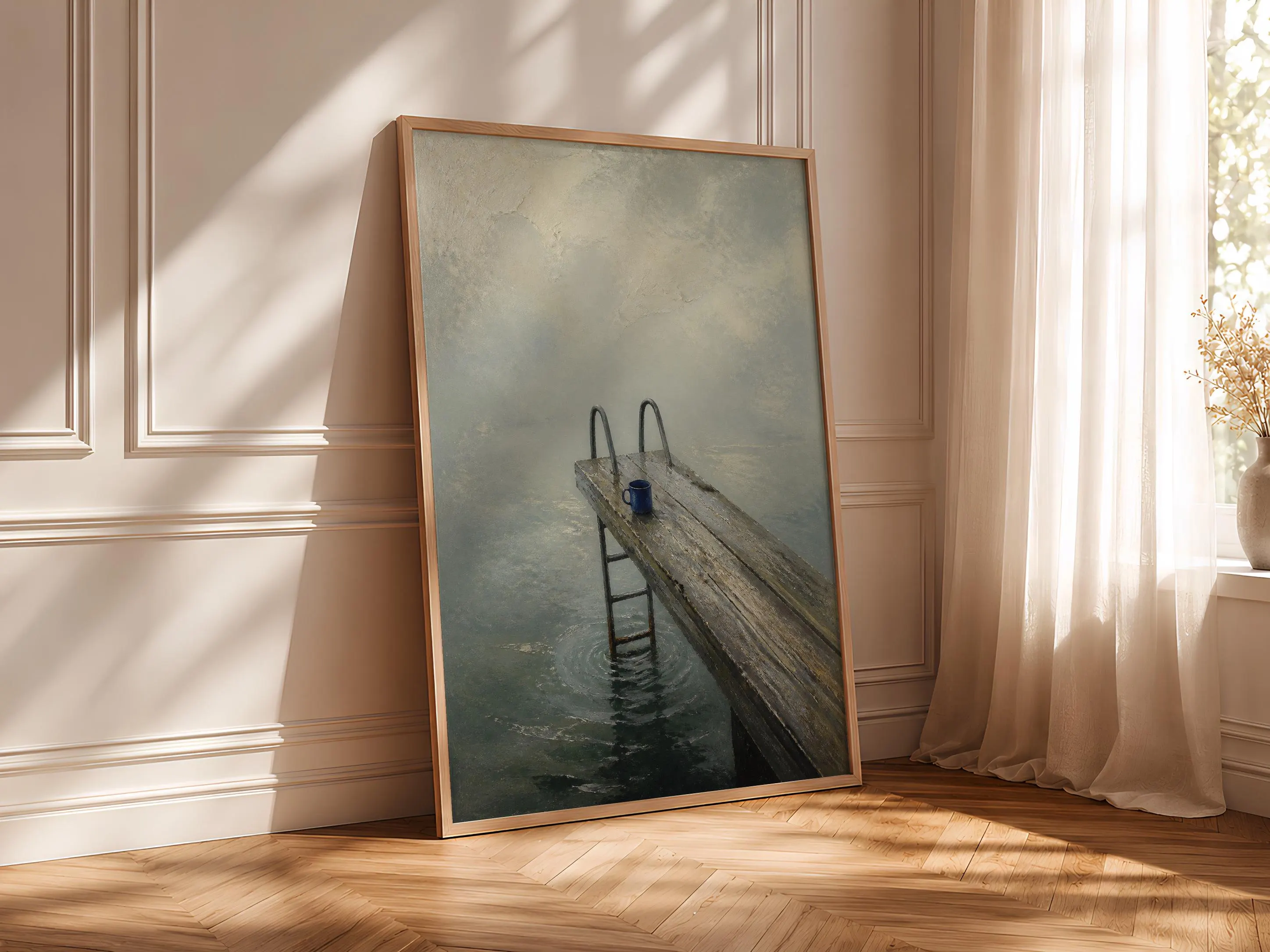Diving Platform Wall Art, Foggy Lake Jetty Painting, Quiet Blue Misty Water Print – Calm Wall Art by Artsify thumbnail 4