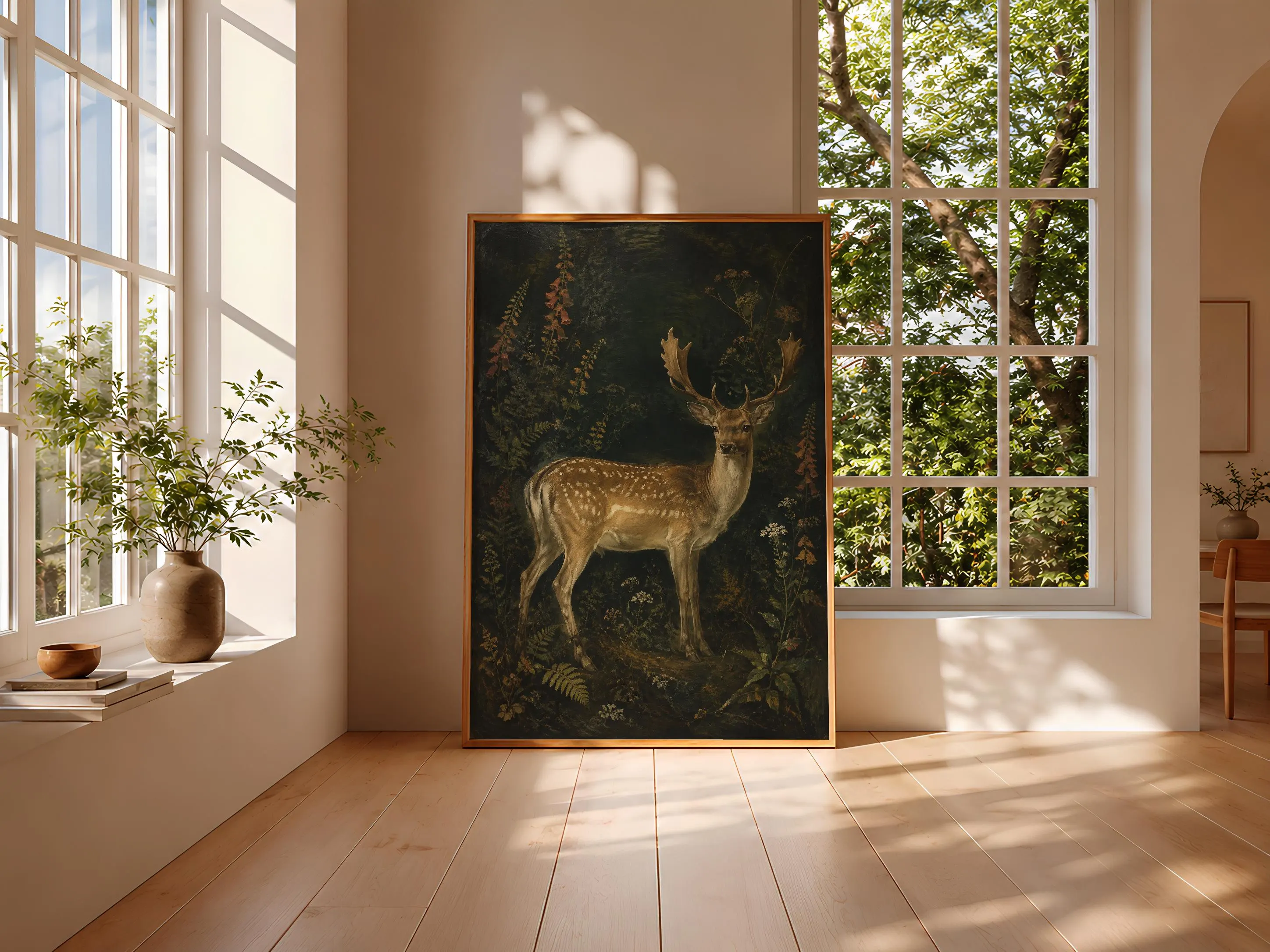 Fallow Deer Wall Art, Dark Botanical Oil Painting – Calm Wall Art by Artsify thumbnail 3