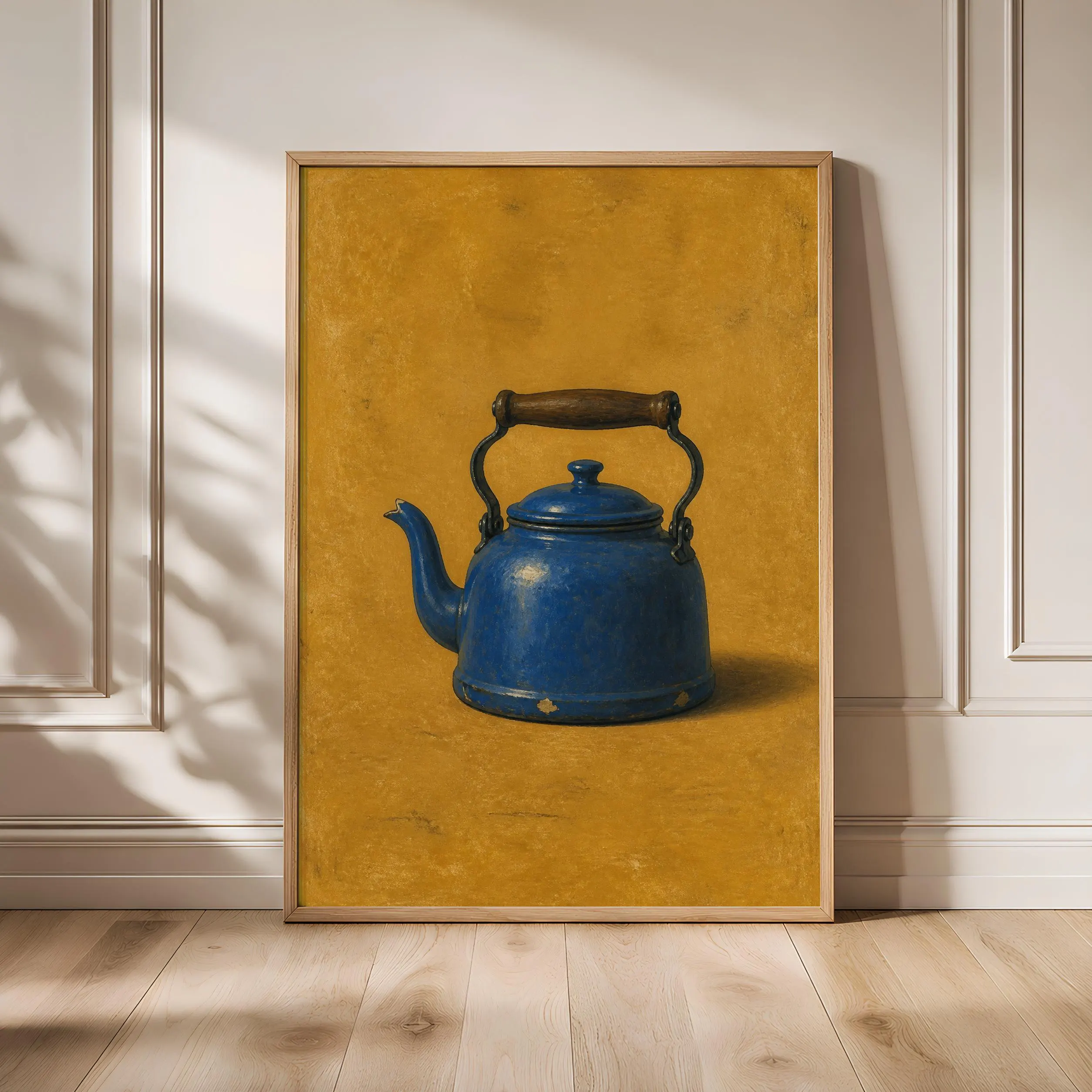 Blue Kettle Wall Art, Minimalist Retro Kitchen Painting, Cobalt Tea Lover Print – Calm Wall Art by Artsify