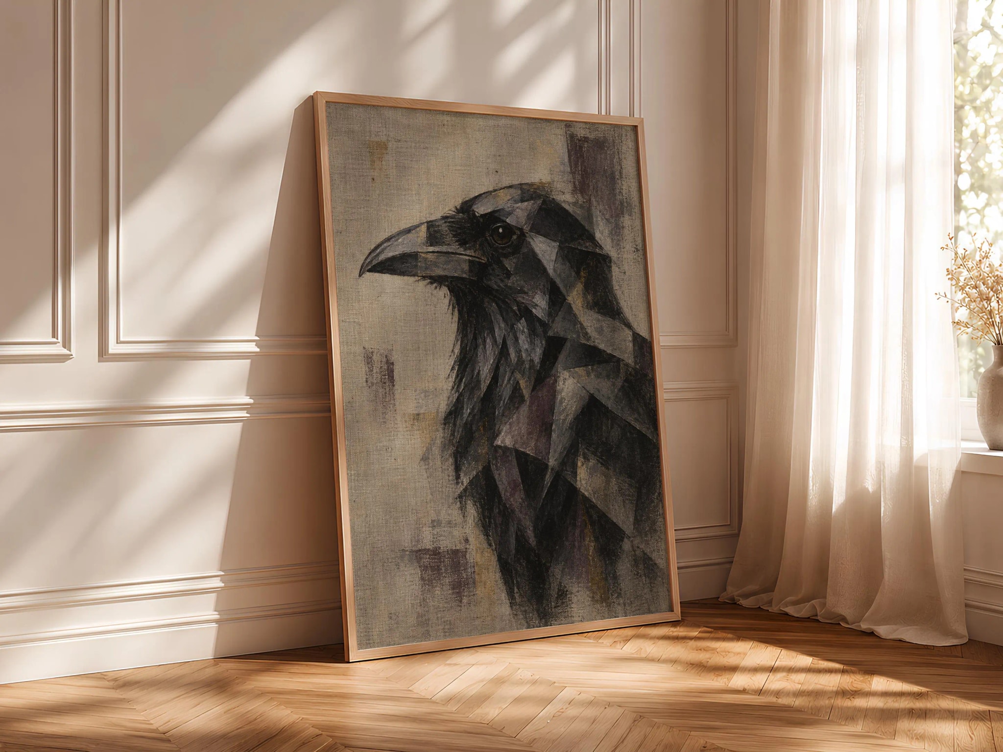 Cubist Raven Wall Art, Abstract Geometric Bird Portrait, Dark Academia Decor – Calm Wall Art by Artsify thumbnail 4