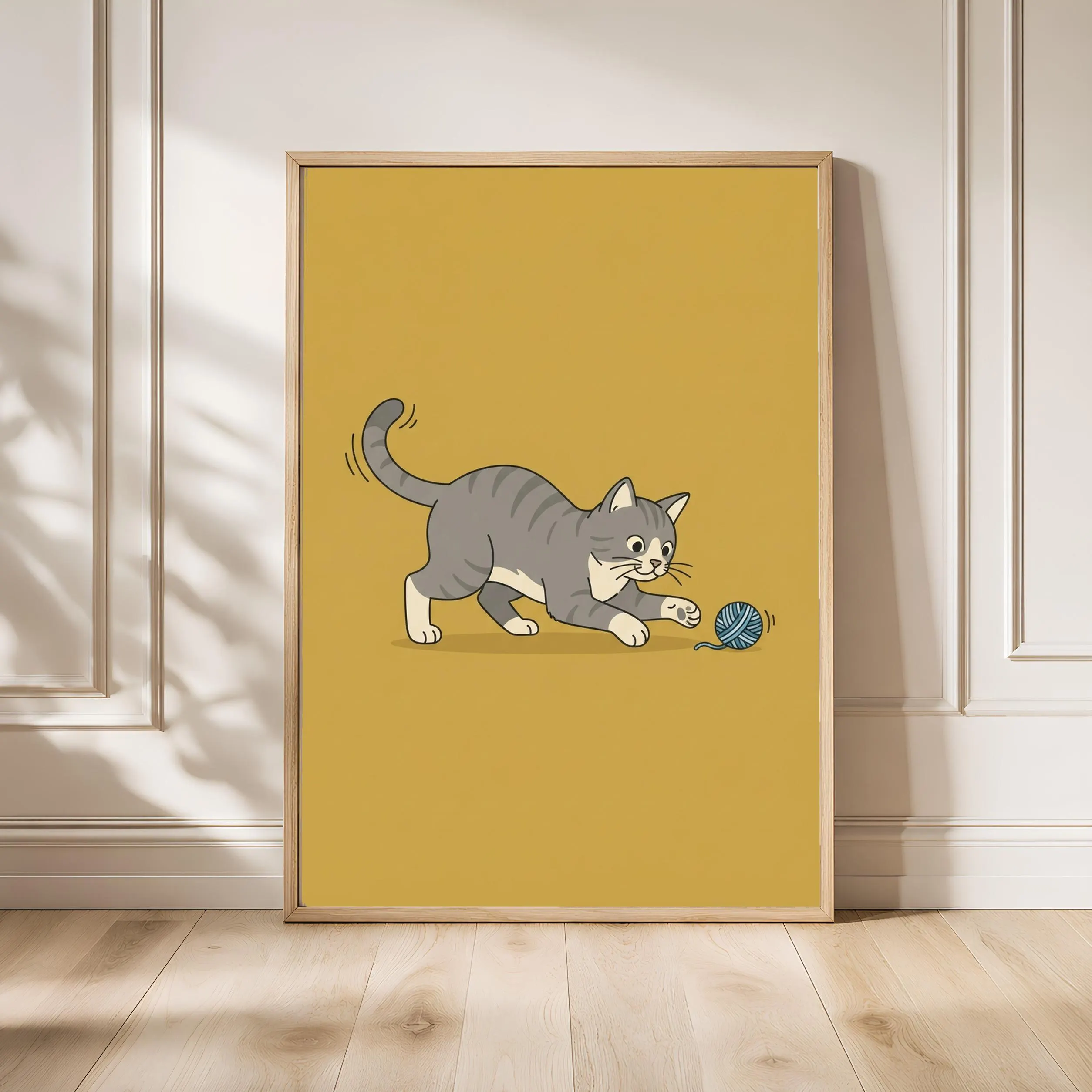 Minimalist Cat Print, Playful Grey Cat Wall Art, Mustard Poster, Cat Lover Gift, Housewarming Gift – Calm Wall Art by Artsify