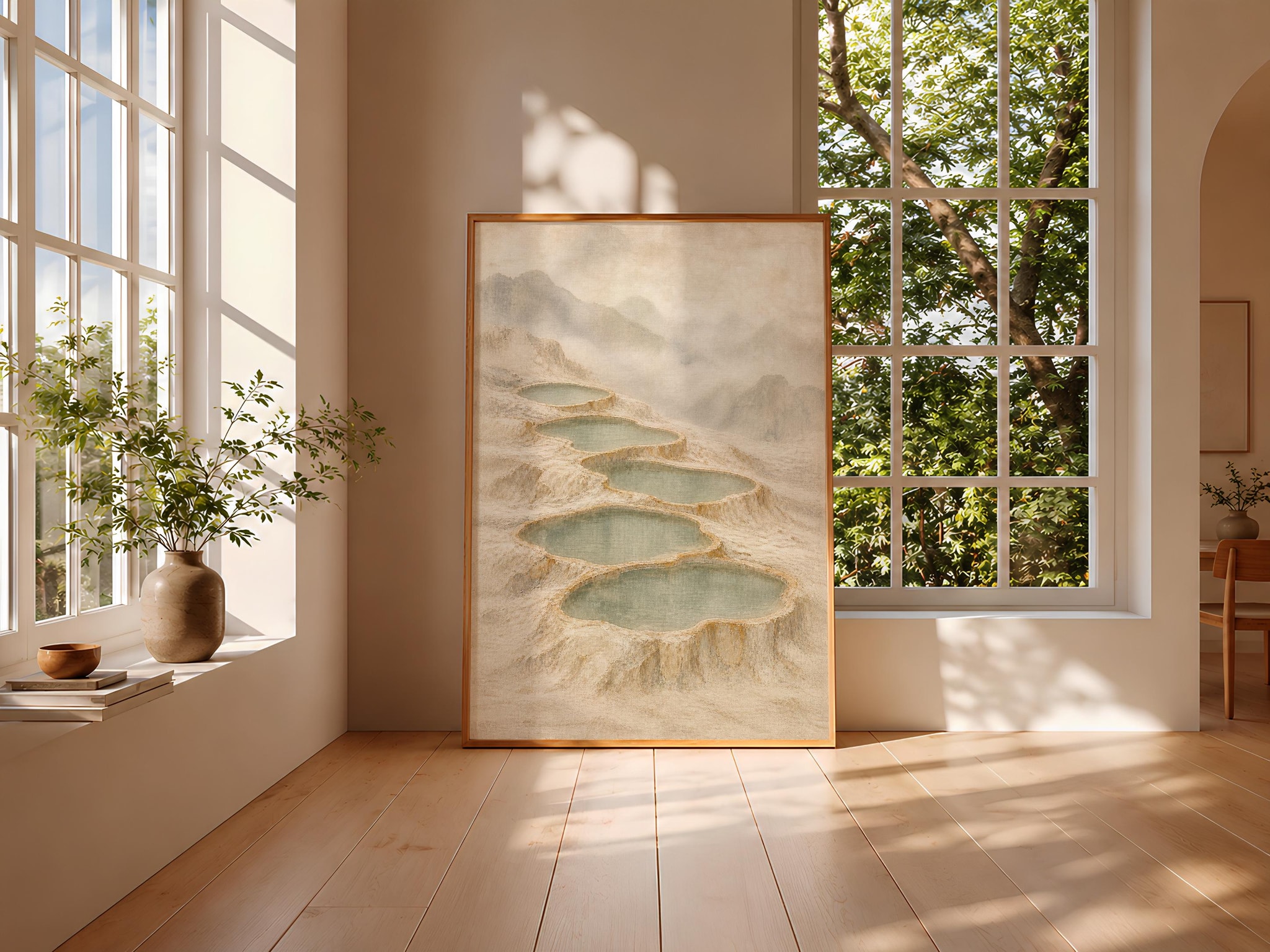 Misty Mineral Terraces Wall Art, Neutral Japandi Landscape Painting – Calm Wall Art by Artsify thumbnail 3