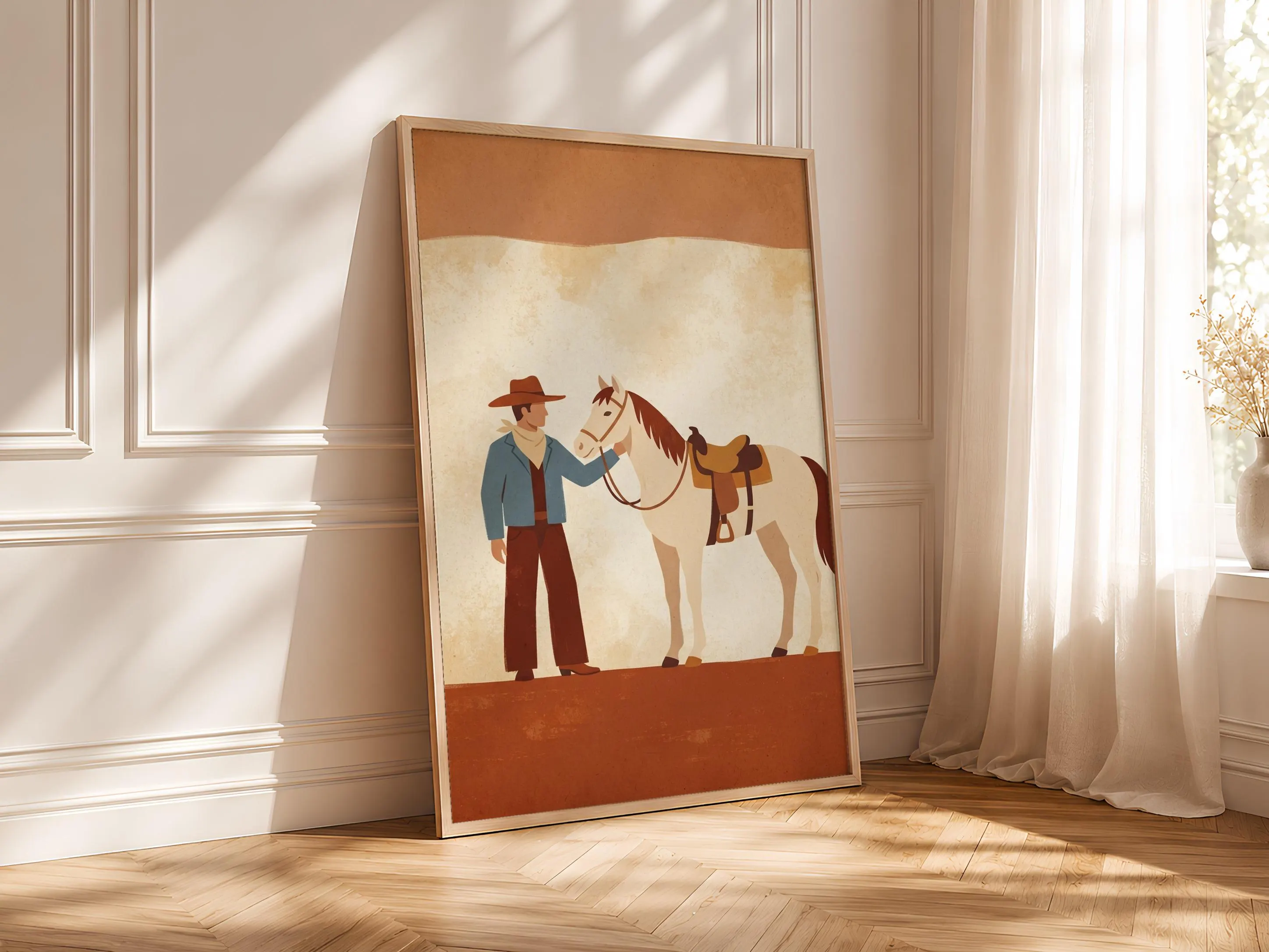 Cowboy and Horse Print, Western Folk Art Poster, Rust Wall Art, Ranch Housewarming Gift – Calm Wall Art by Artsify thumbnail 4