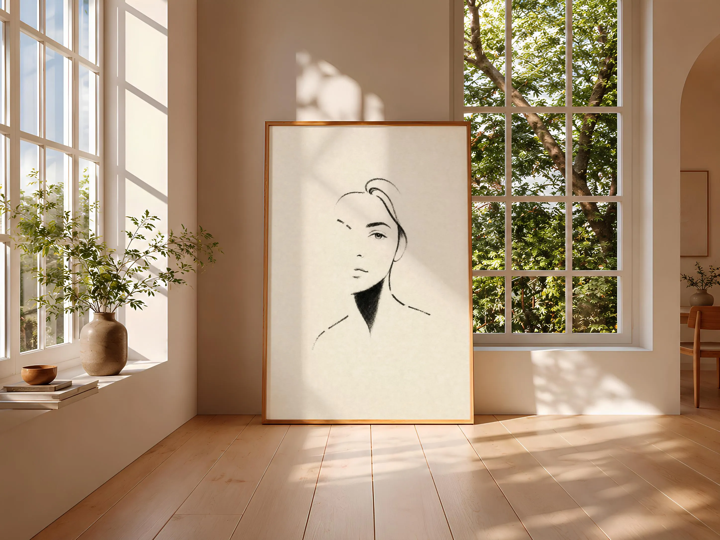 Minimalist Charcoal Portrait Print, Line Art Wall Art, Cream Poster, Housewarming Gift – Calm Wall Art by Artsify thumbnail 3