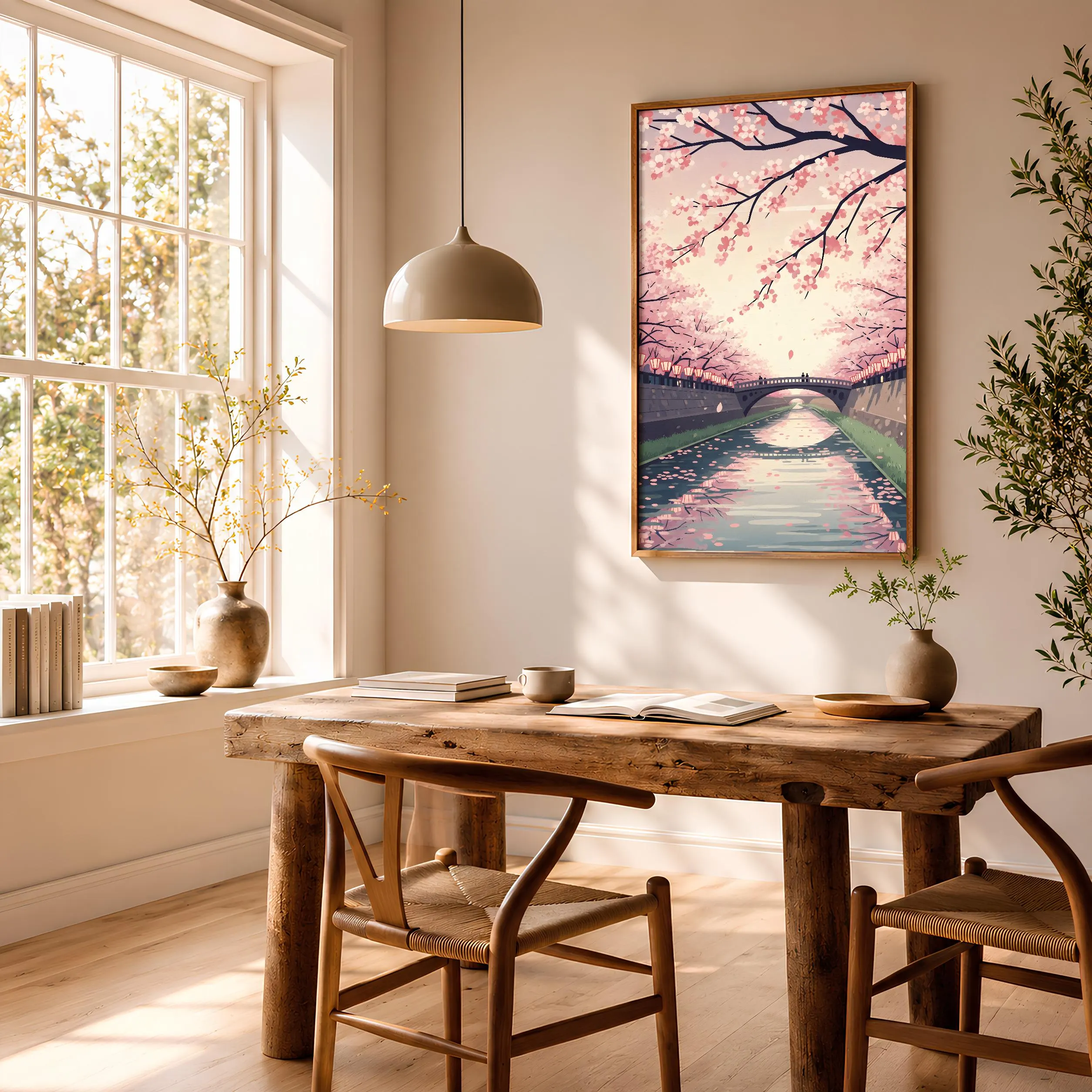 Cherry Blossom Print, Japanese Sakura River Poster, Woodblock Style Wall Art, Zen Bedroom Decor, Housewarming Gift – Calm Wall Art by Artsify thumbnail 2