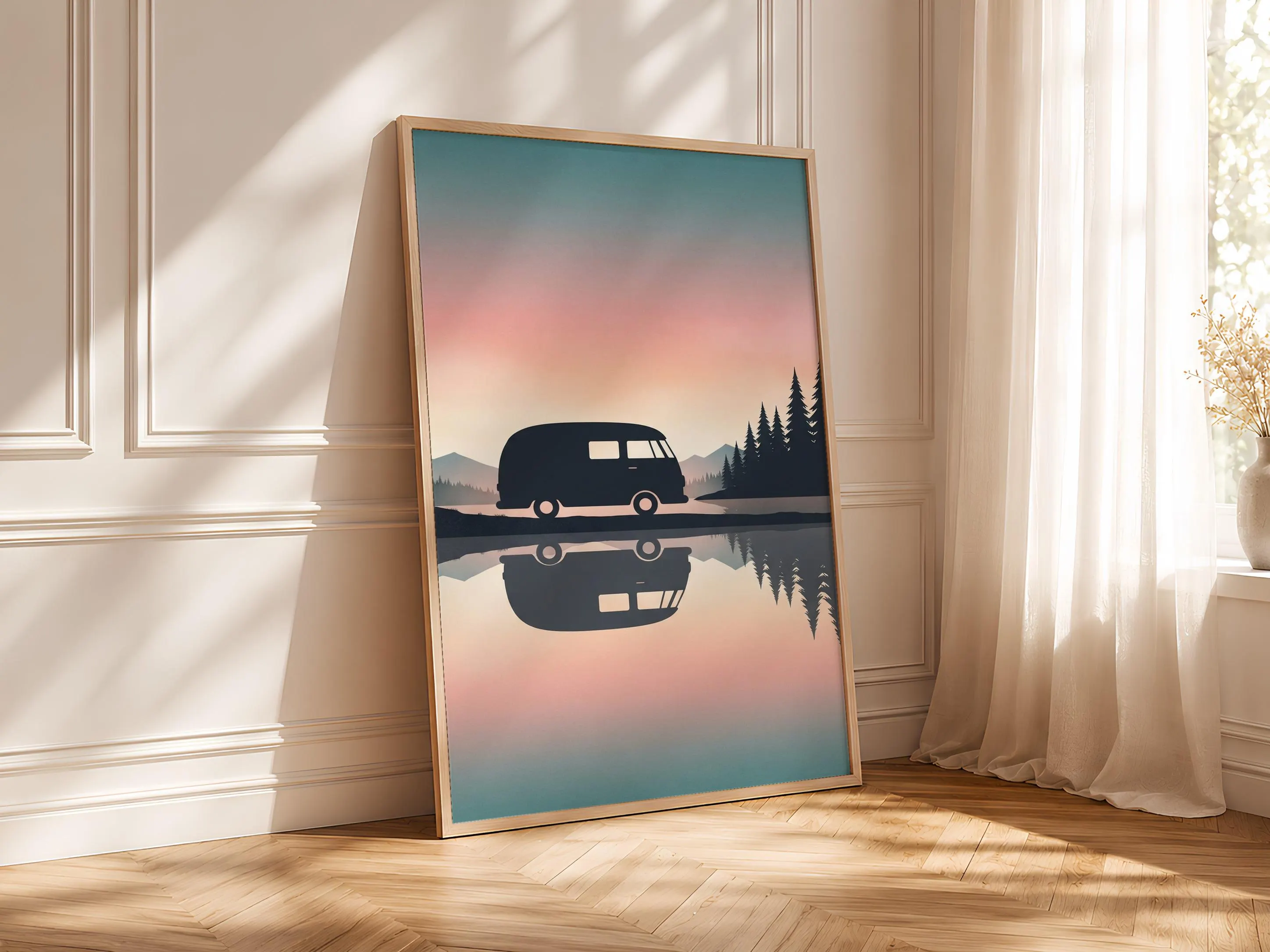 Retro Camper Van Print, Mountain Lake Camping Poster, Teal Wall Art, Vanlife Decor, Housewarming Gift – Calm Wall Art by Artsify thumbnail 4