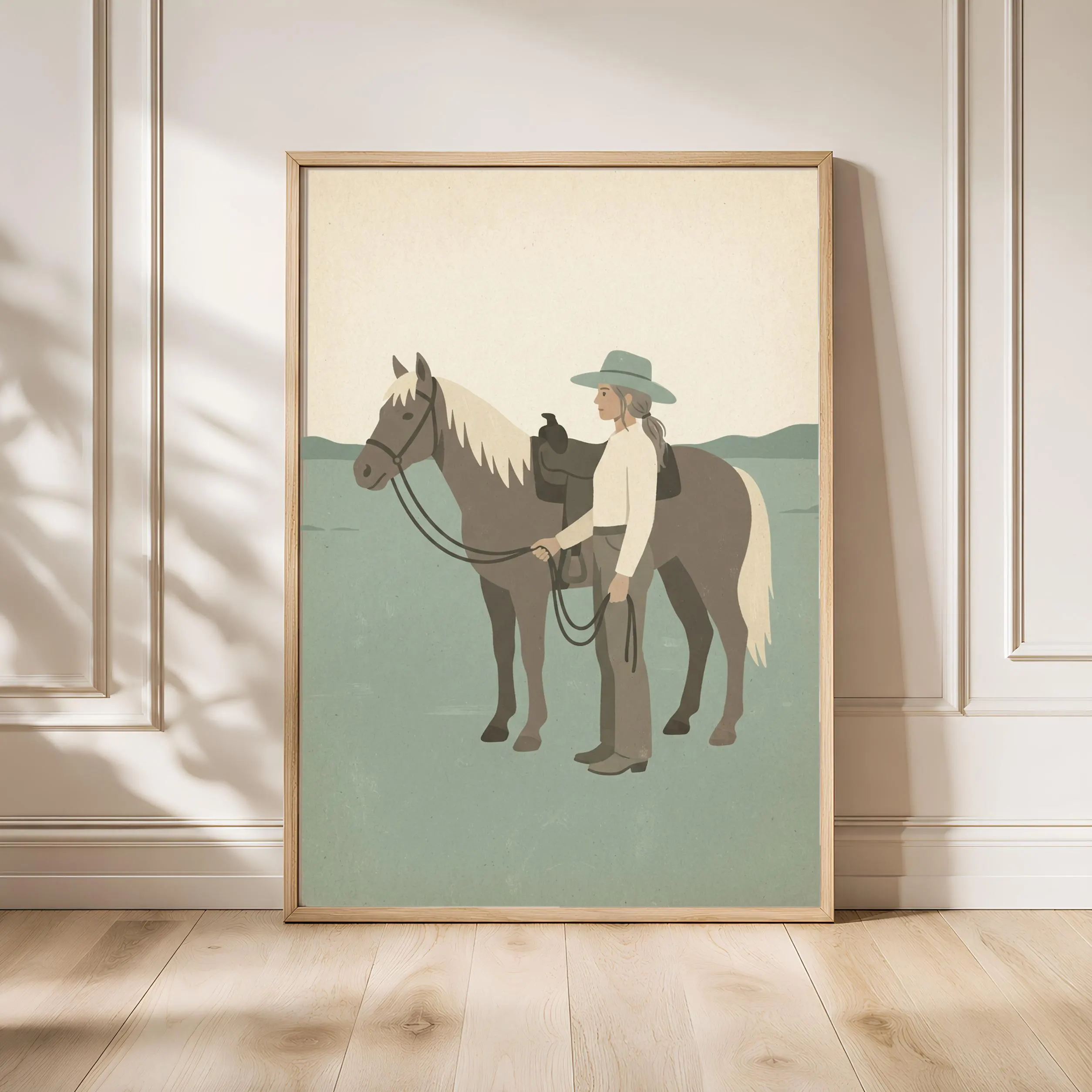 Cowgirl and Horse Print, Western Folk Art Poster, Sage Wall Art, Ranch Housewarming Gift – Calm Wall Art by Artsify