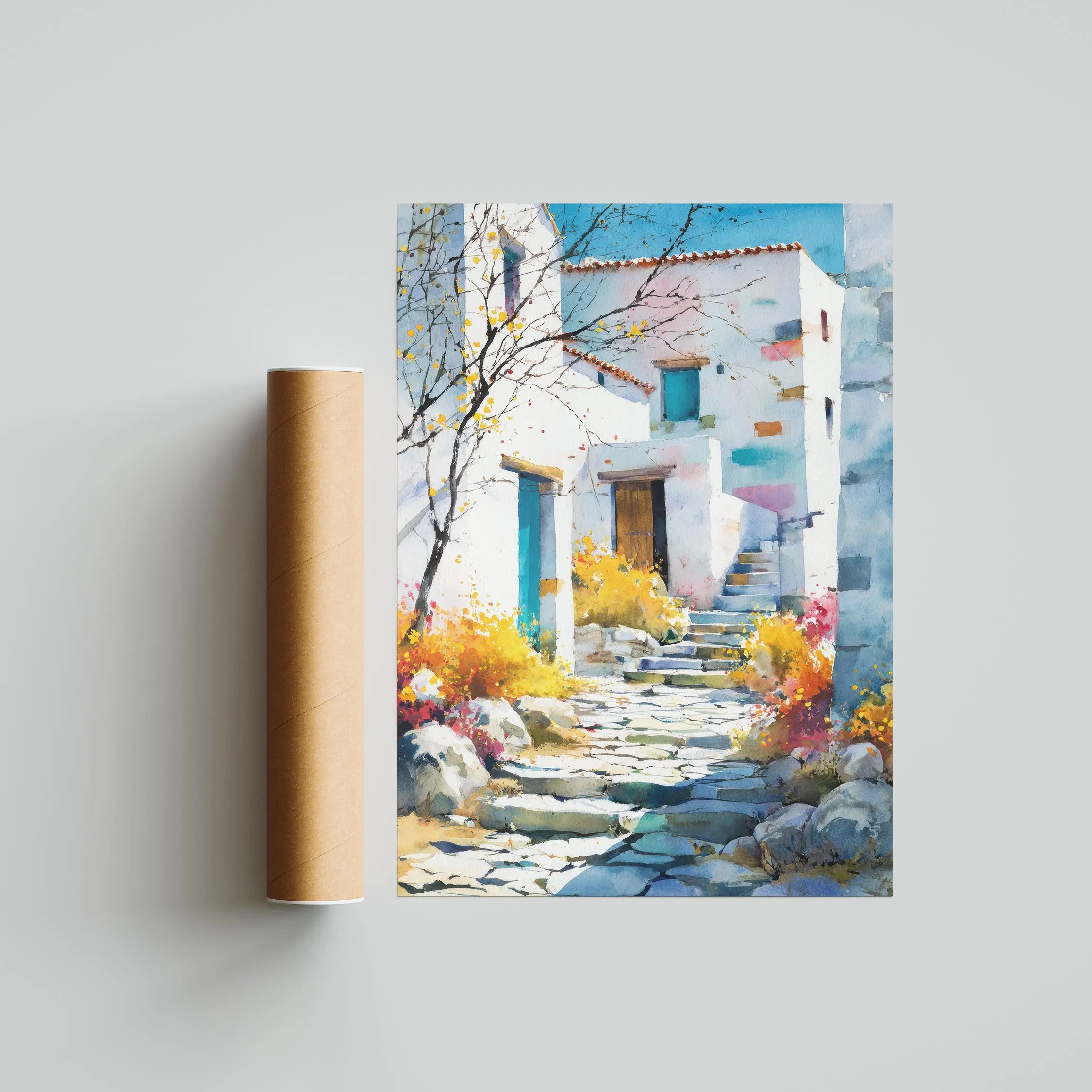 Mediterranean Village Watercolor Art Print, European Cottage Illustration – Calm Wall Art by Artsify thumbnail 2