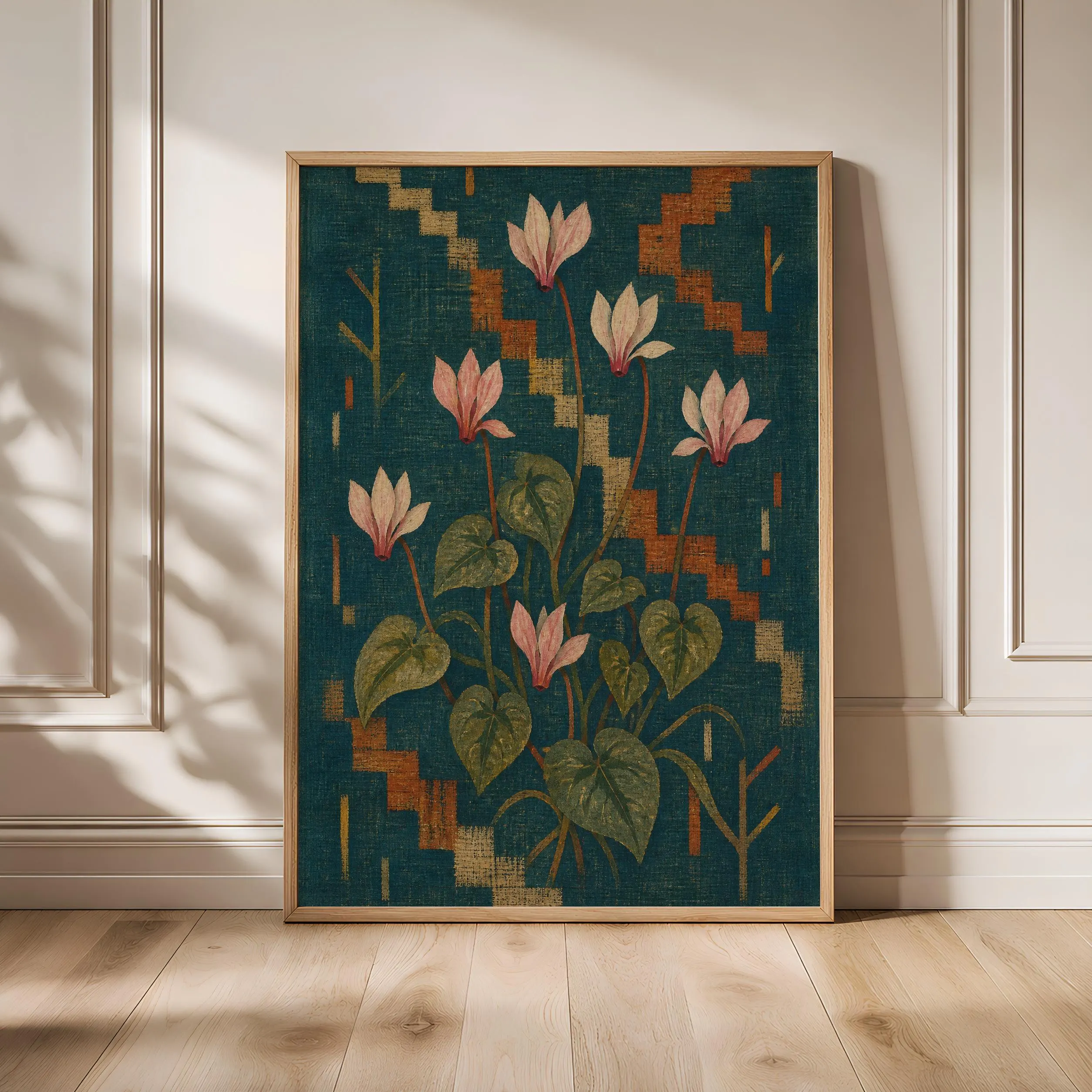 Cyclamen Kilim Print, Teal Botanical Wall Art, Woven Pattern Poster, Housewarming Gift – Calm Wall Art by Artsify